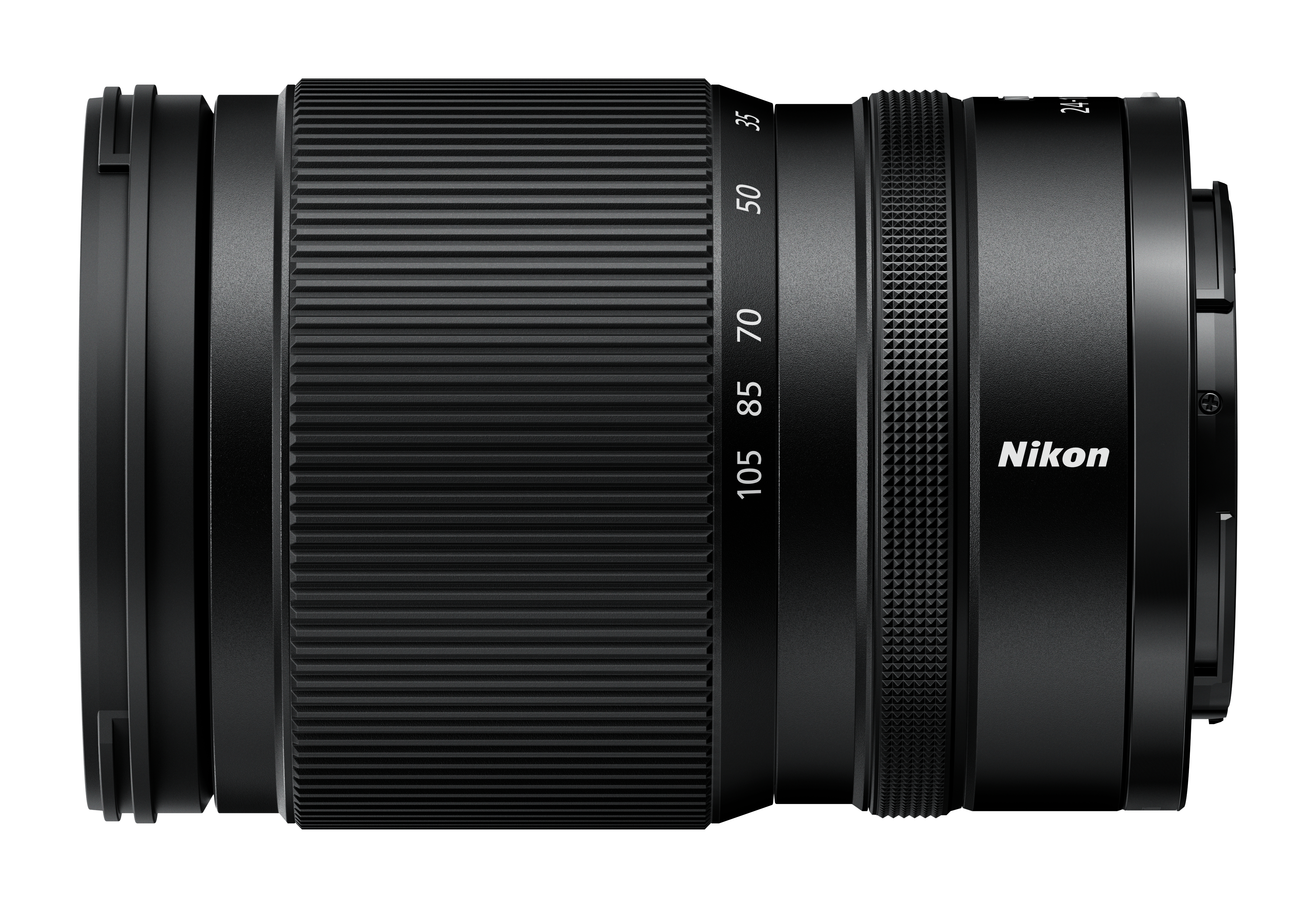 Schwarzes Nikon Objektiv mit Zoomring und Fokusring. Beschriftung 24-105mm.