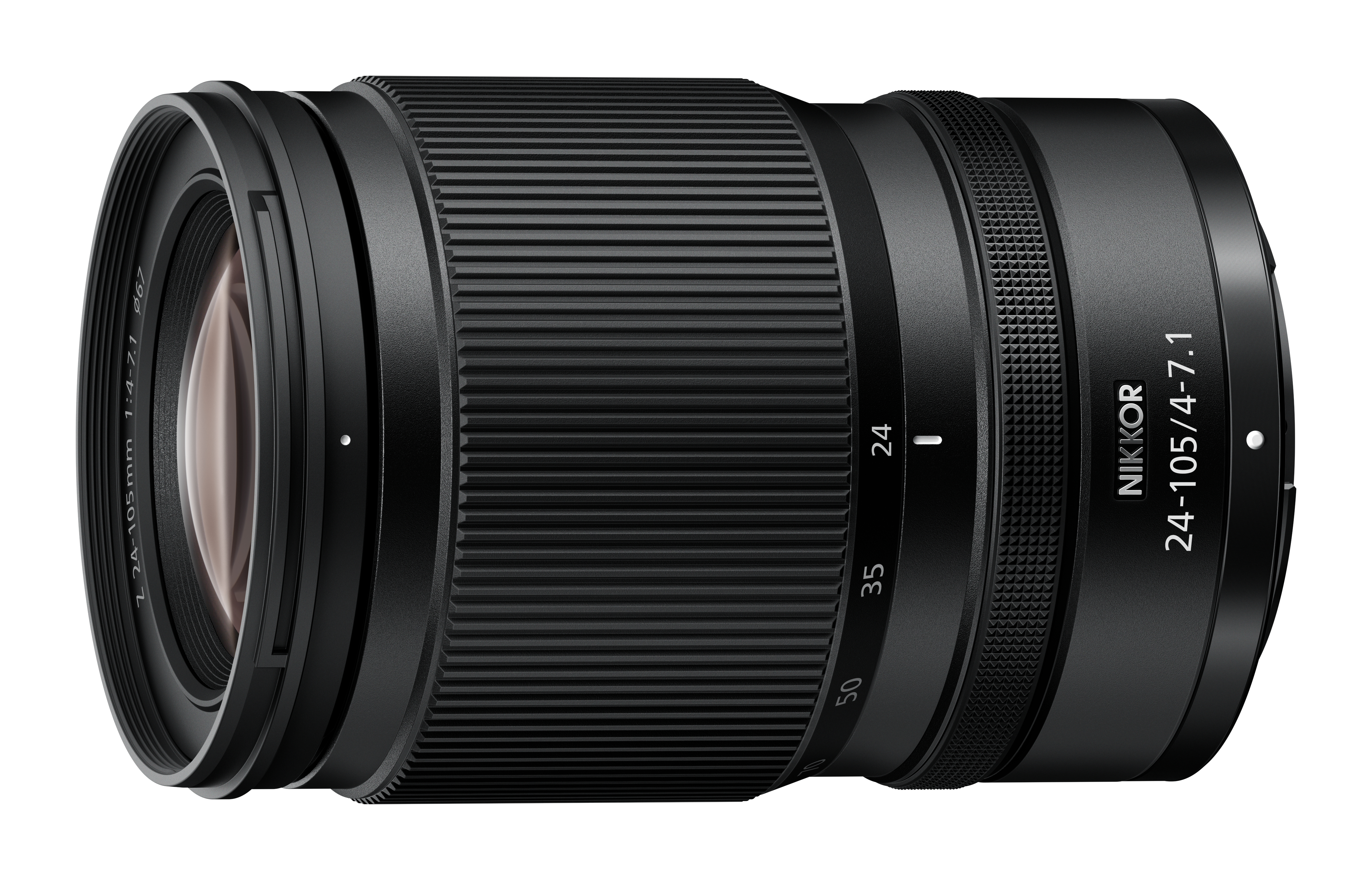 Ein schwarzes NIKKOR 24-105mm f/4-7.1 Objektiv mit Fokussier- und Zoomringen.
