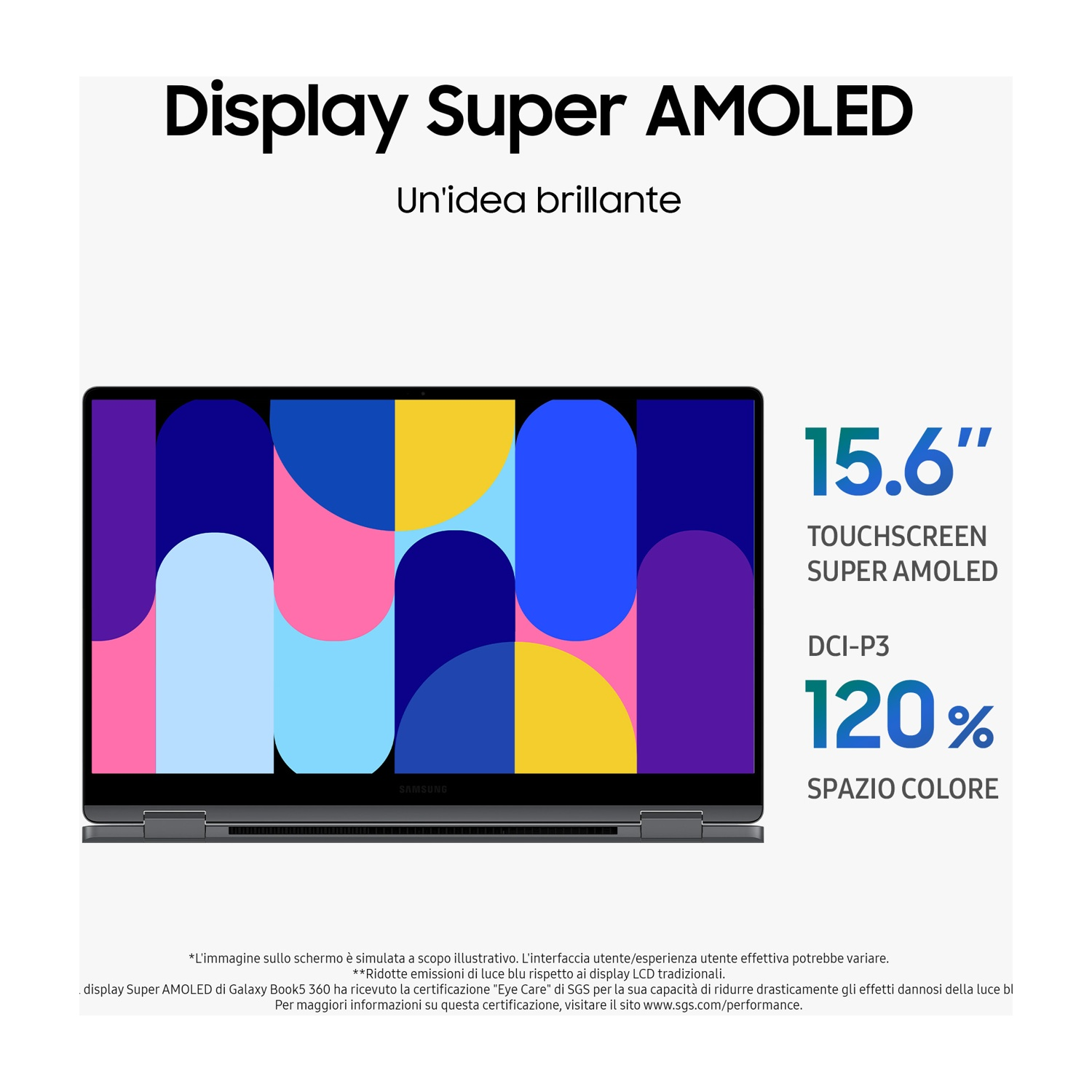 Laptop con display Super AMOLED mostra un motivo colorato. 15,6 pollici, touchscreen.