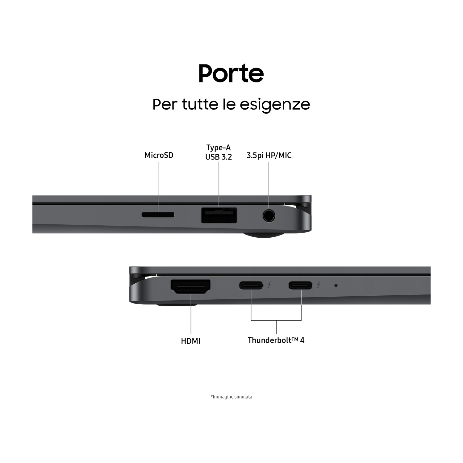 Primo piano delle porte del laptop: MicroSD, USB-A, jack audio, HDMI, Thunderbolt 4.