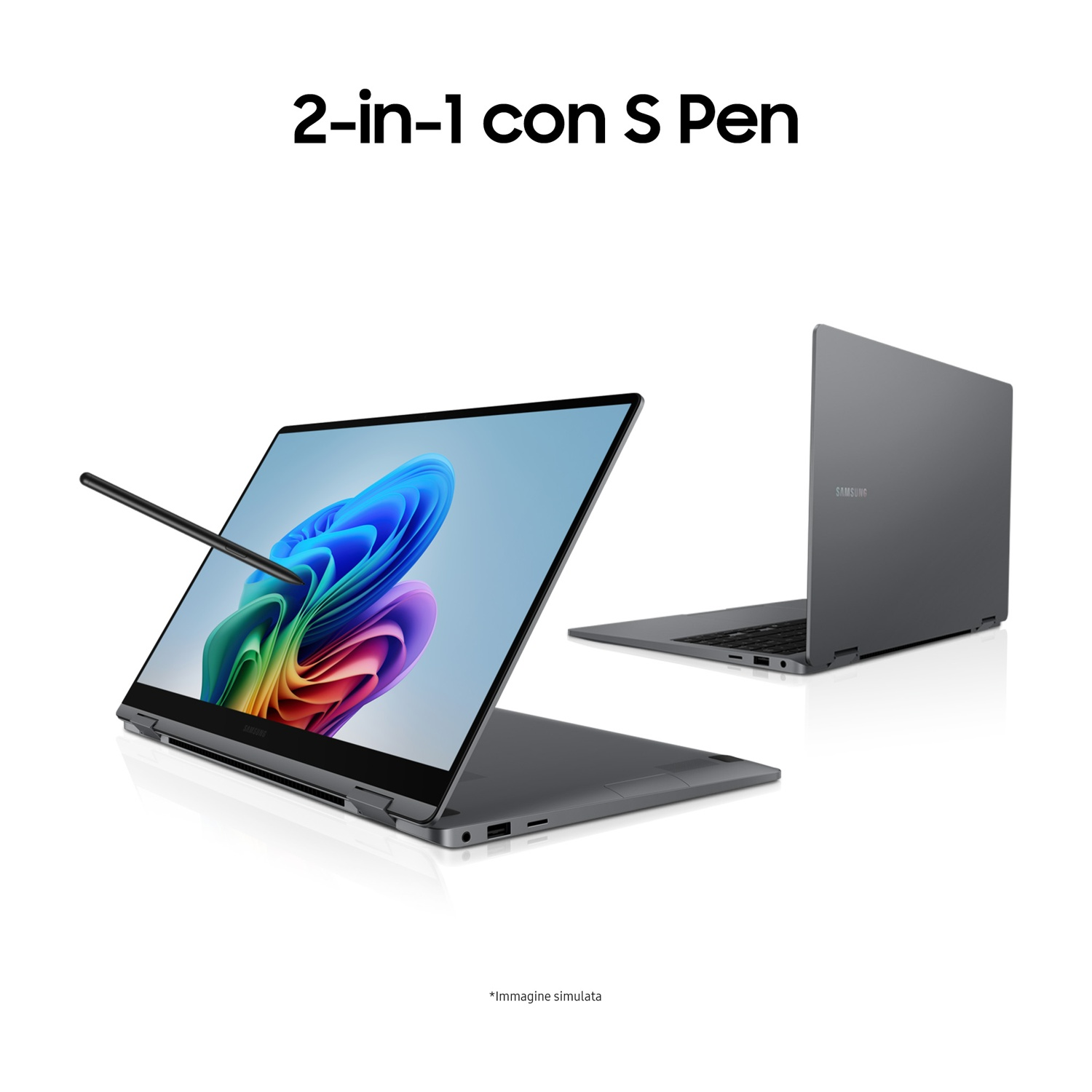 Un laptop 2-in-1 Samsung grigio con S Pen, aperto con una grafica colorata.