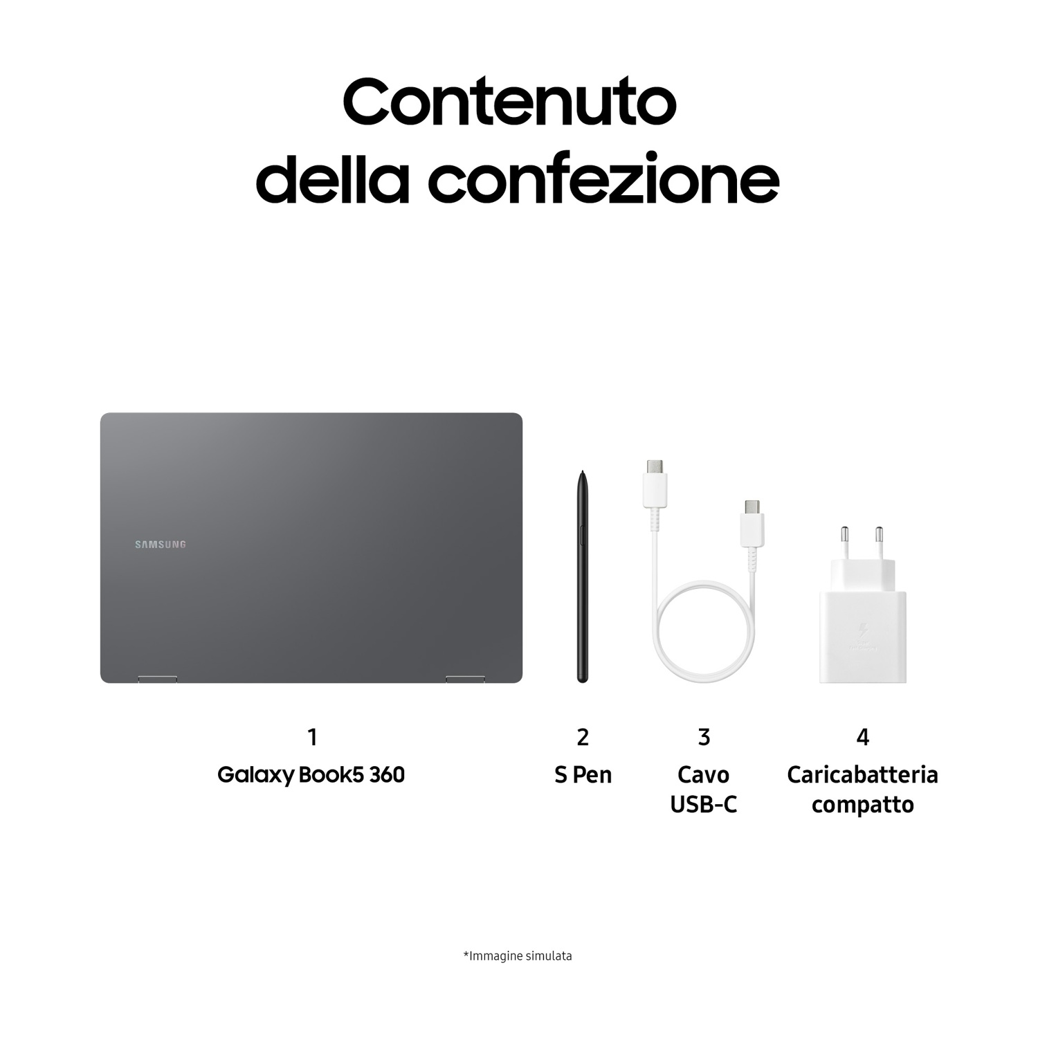 Samsung Galaxy Book5 360, S Pen, cavo USB-C e caricabatteria.