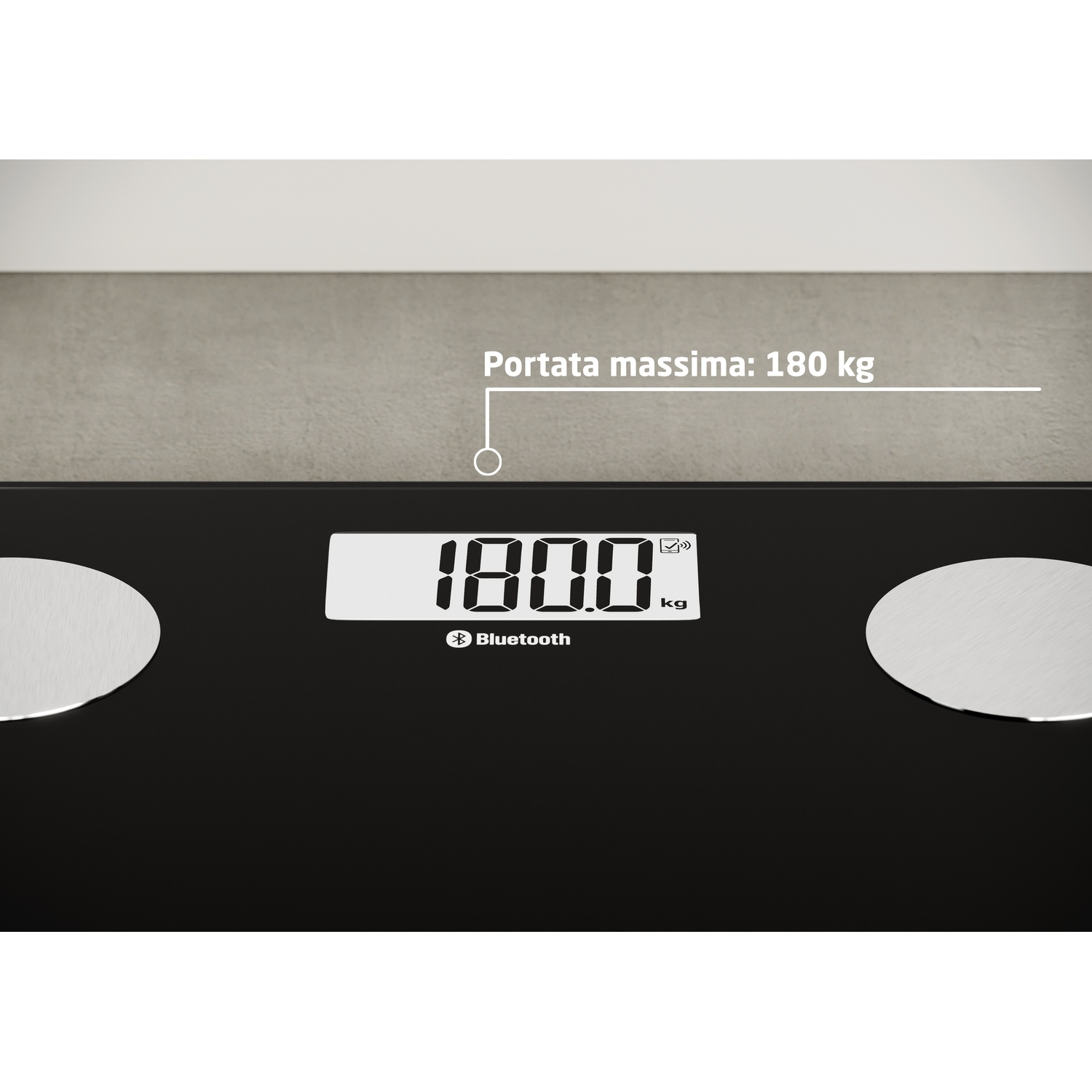 Bilancia nera con display LCD che mostra 0.0 kg. Capacità massima 180 kg.