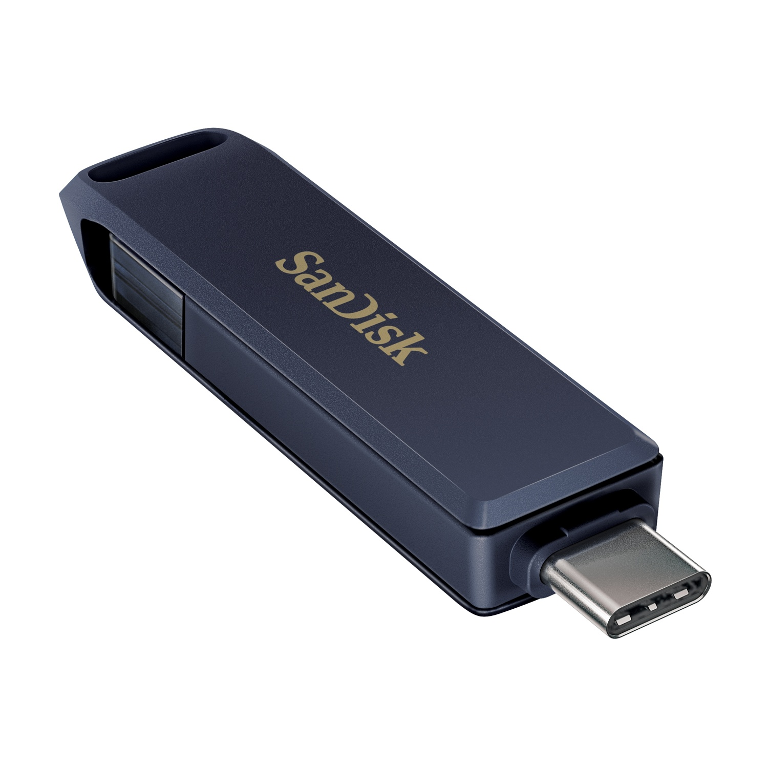 Chiavetta USB-C SanDisk blu scuro con scritte dorate.