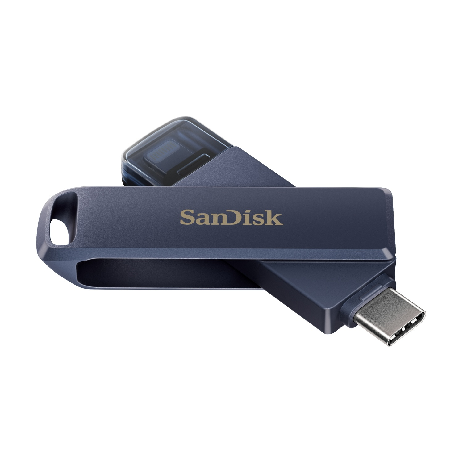 Chiavetta USB blu scuro con connettore USB-C e cappuccio protettivo trasparente.