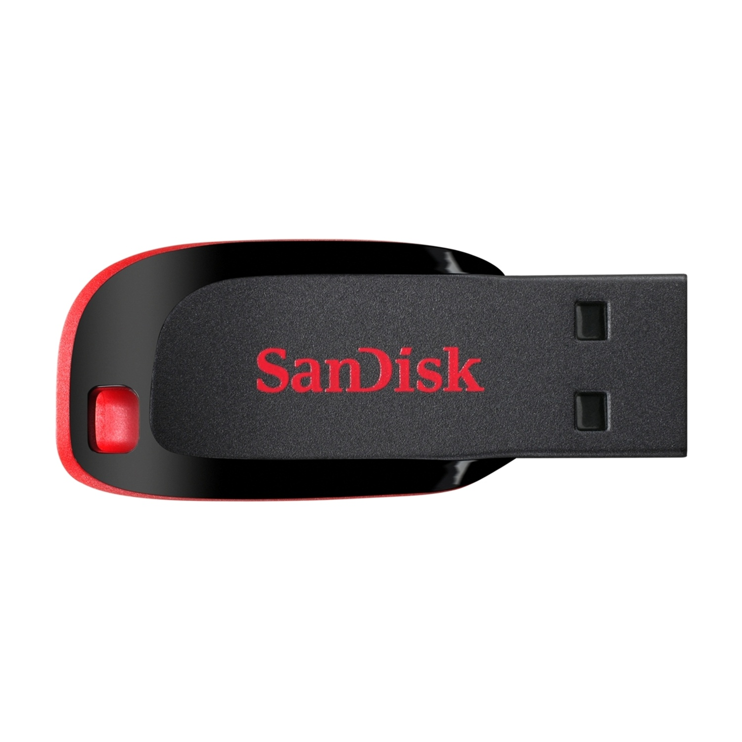 Unità USB SanDisk nera con finiture e pulsante rossi.