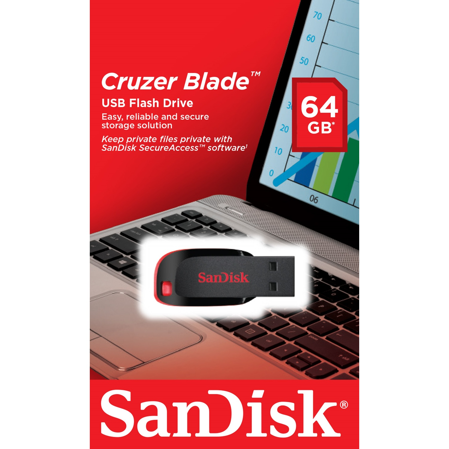 Chiavetta USB SanDisk Cruzer Blade da 64GB su tastiera di laptop, con grafico.