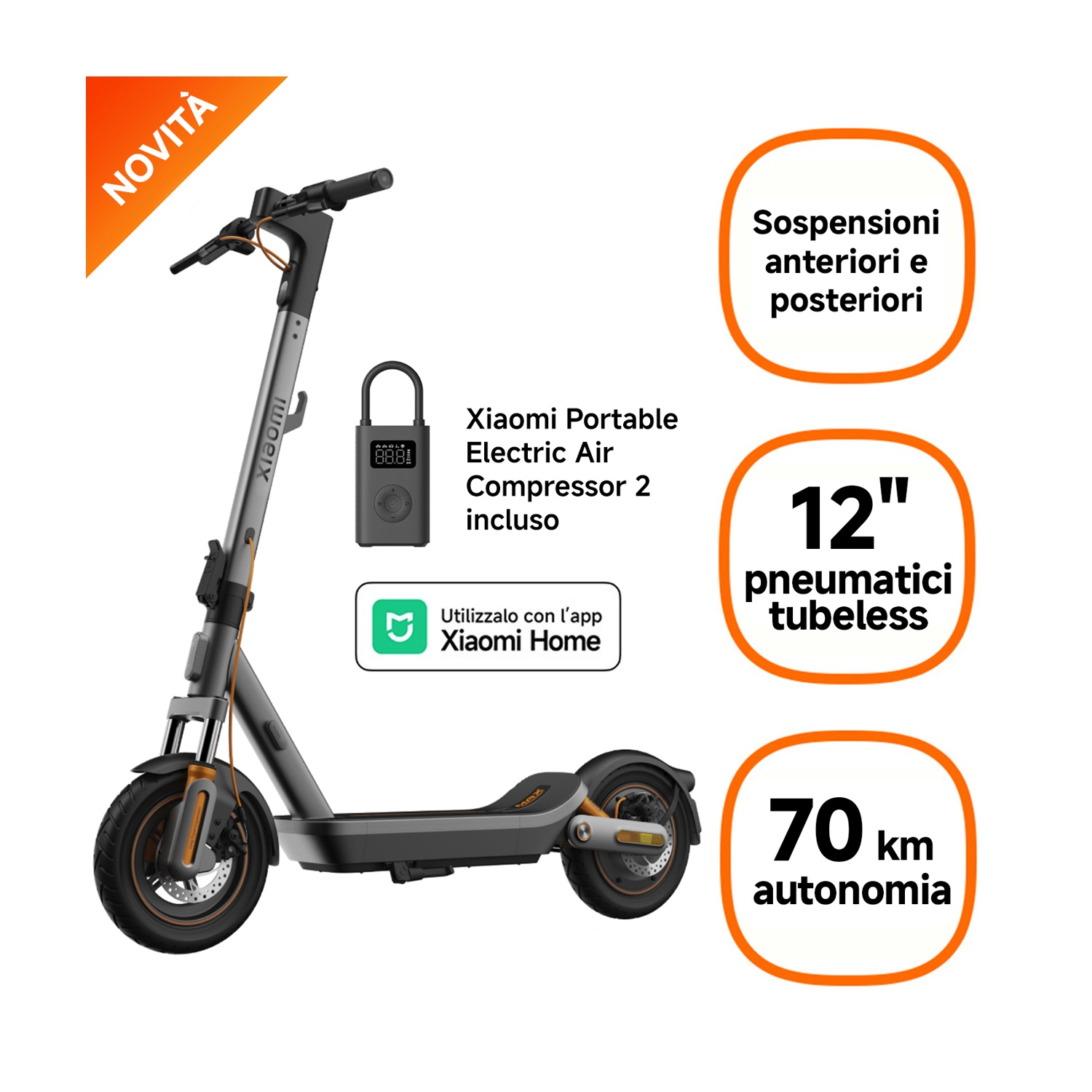 Monopattino elettrico Xiaomi grigio con compressore portatile.