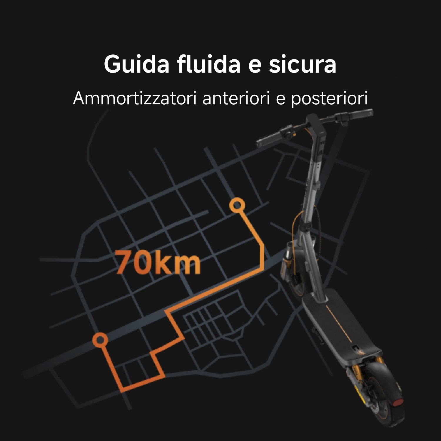 Monopattino elettrico su mappa cittadina, autonomia 70 km.