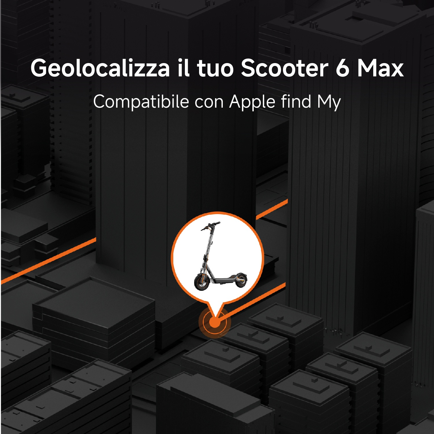 Uno scooter è mostrato su una mappa cittadina stilizzata, compatibile con Apple Find My.