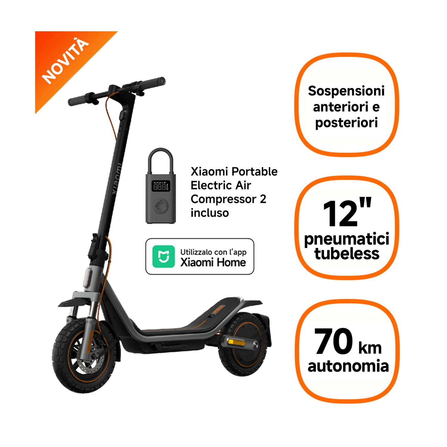 Un monopattino elettrico Xiaomi nero con accenti arancioni e accessori.