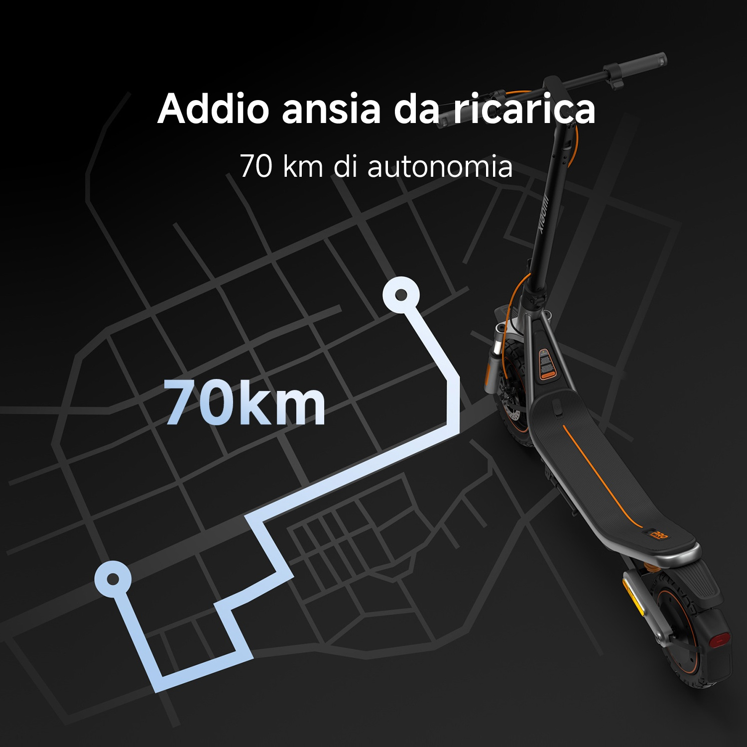 Monopattino elettrico con 70 km di autonomia su una mappa della città.