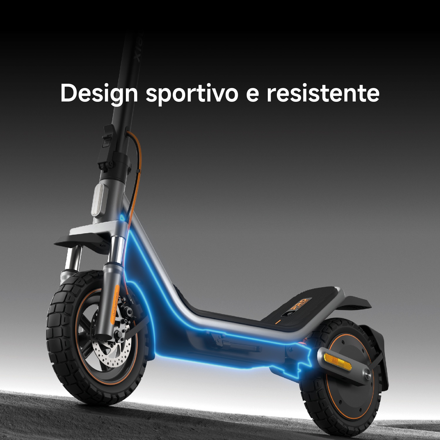 Monopattino elettrico dal design dinamico e accenti blu.