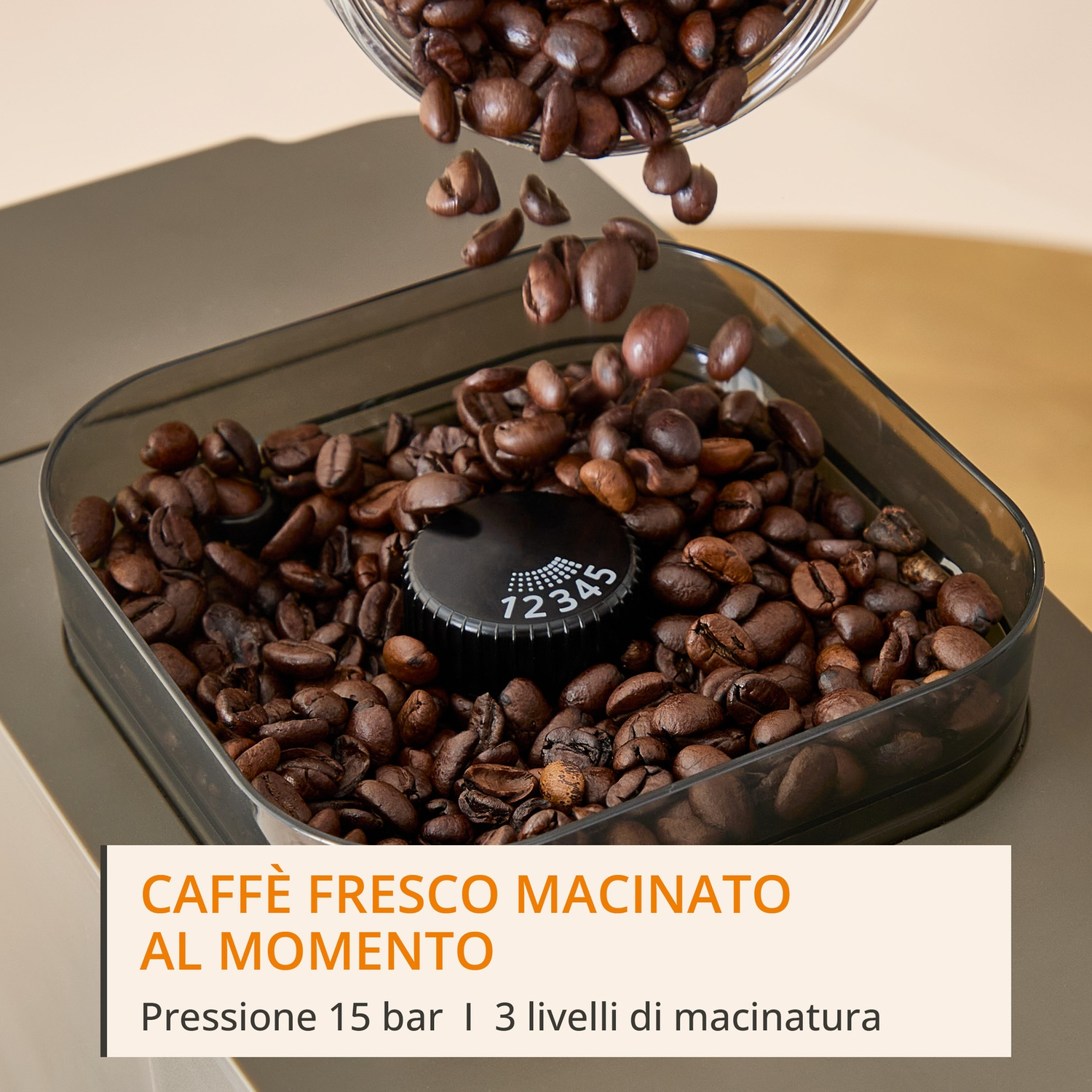 Caffè in grani cade da un barattolo in un contenitore con rotella di macinatura.