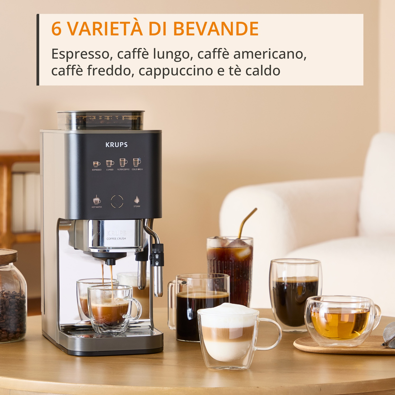 Macchina da caffè Krups che prepara varie bevande: espresso, cappuccino, caffè freddo.