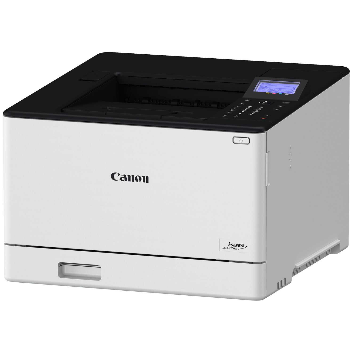 A white Canon i-SENSYS laser printer with a black top and a small blue LCD screen.