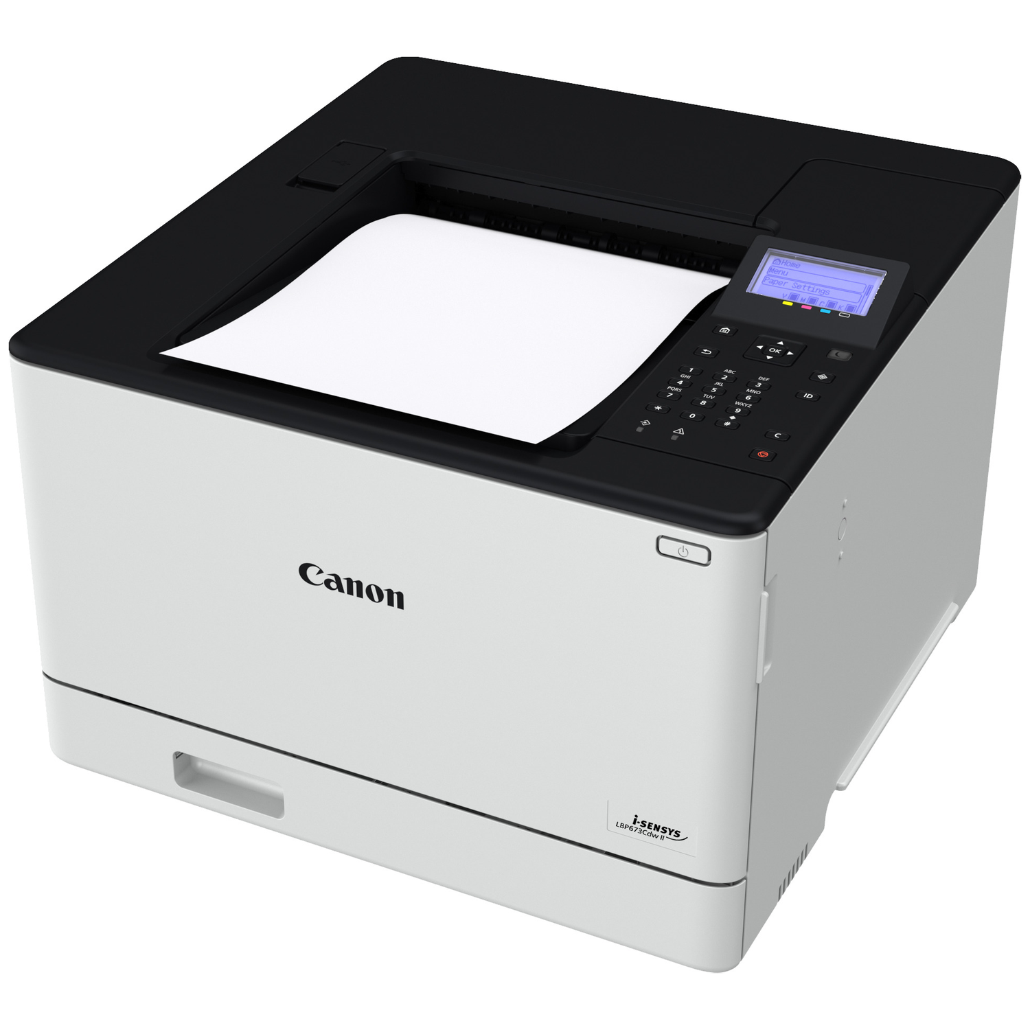 A white Canon laser printer with a black top, paper inserted.