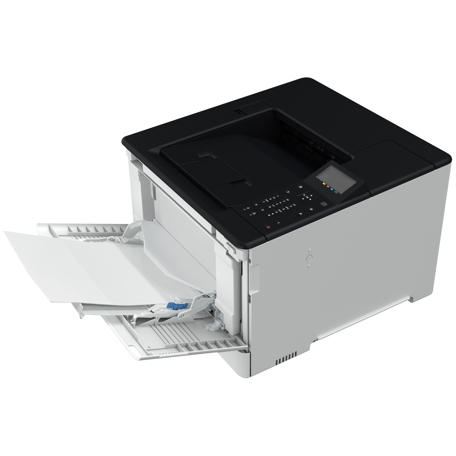 A white laser printer with its paper tray extended and some sheets of paper.