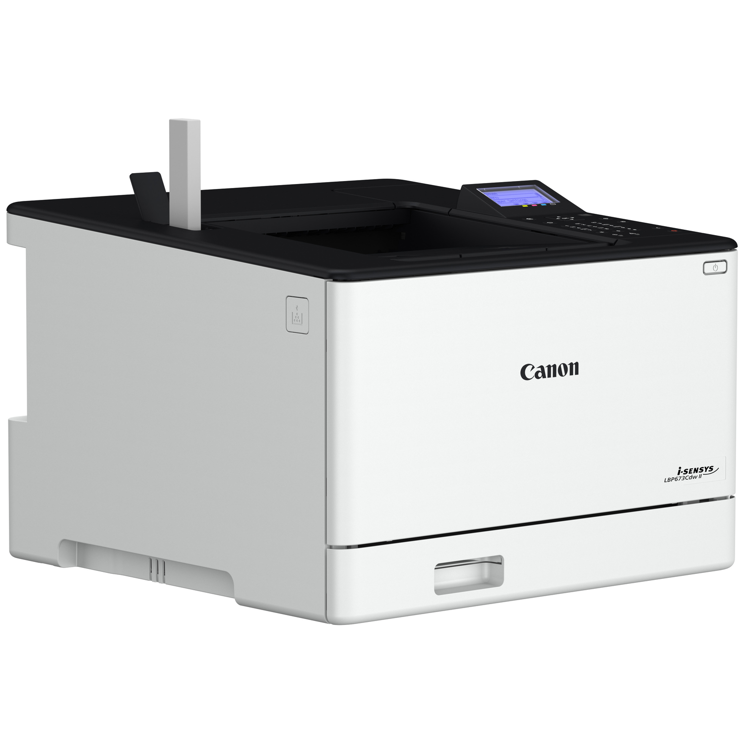 A white Canon i-SENSYS laser printer with a black control panel and display.