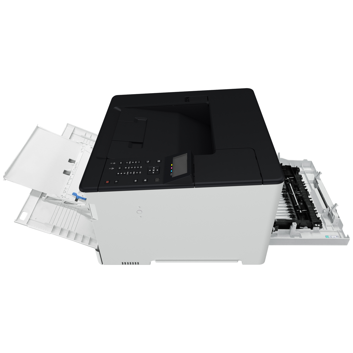A white printer with a black top and extended trays.