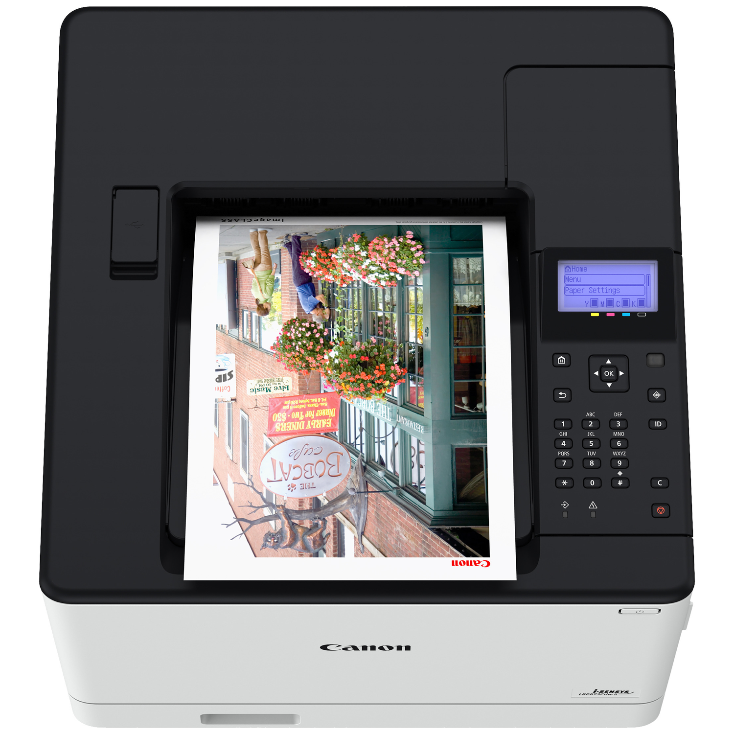 A Canon printer prints an image of a street scene with flowers and people.
