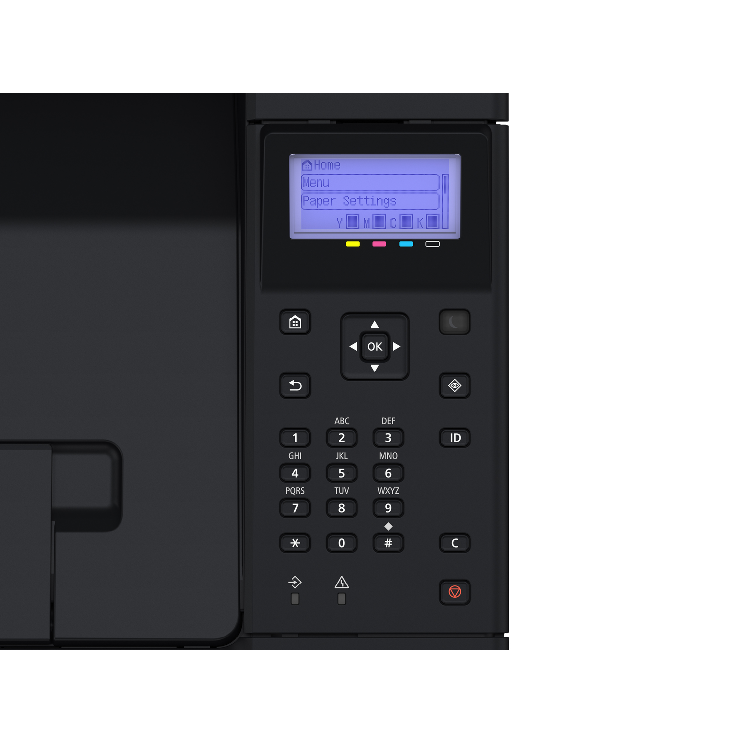 Printer display shows Home, Menu, Paper Settings.