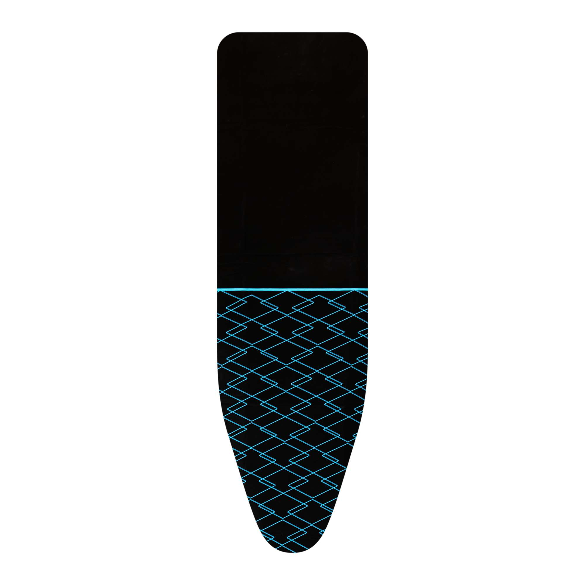 Funda de tabla de planchar negra con patrón de diamantes azules abajo.