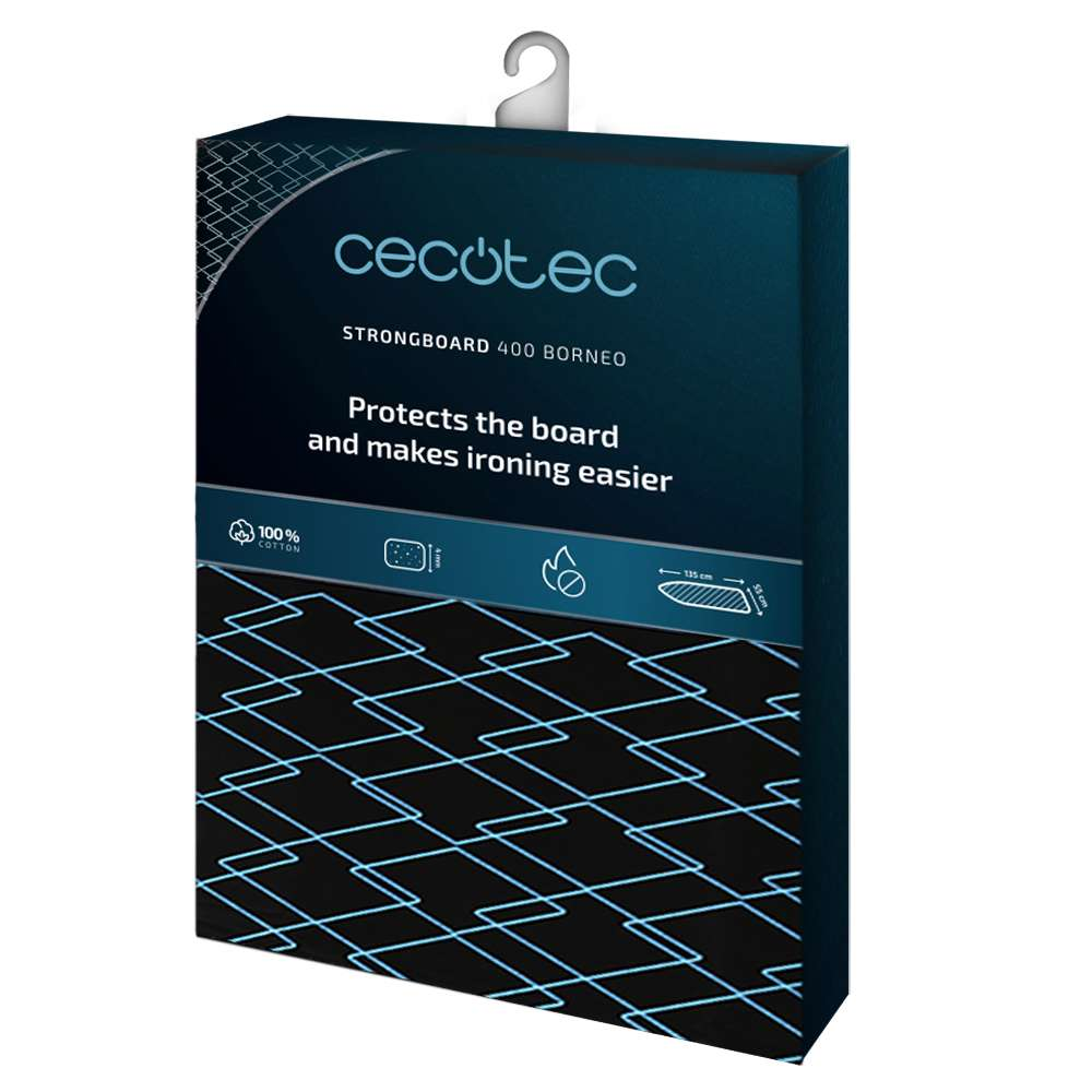 Embalaje de tabla de planchar con logo Cecotec y detalles del producto.