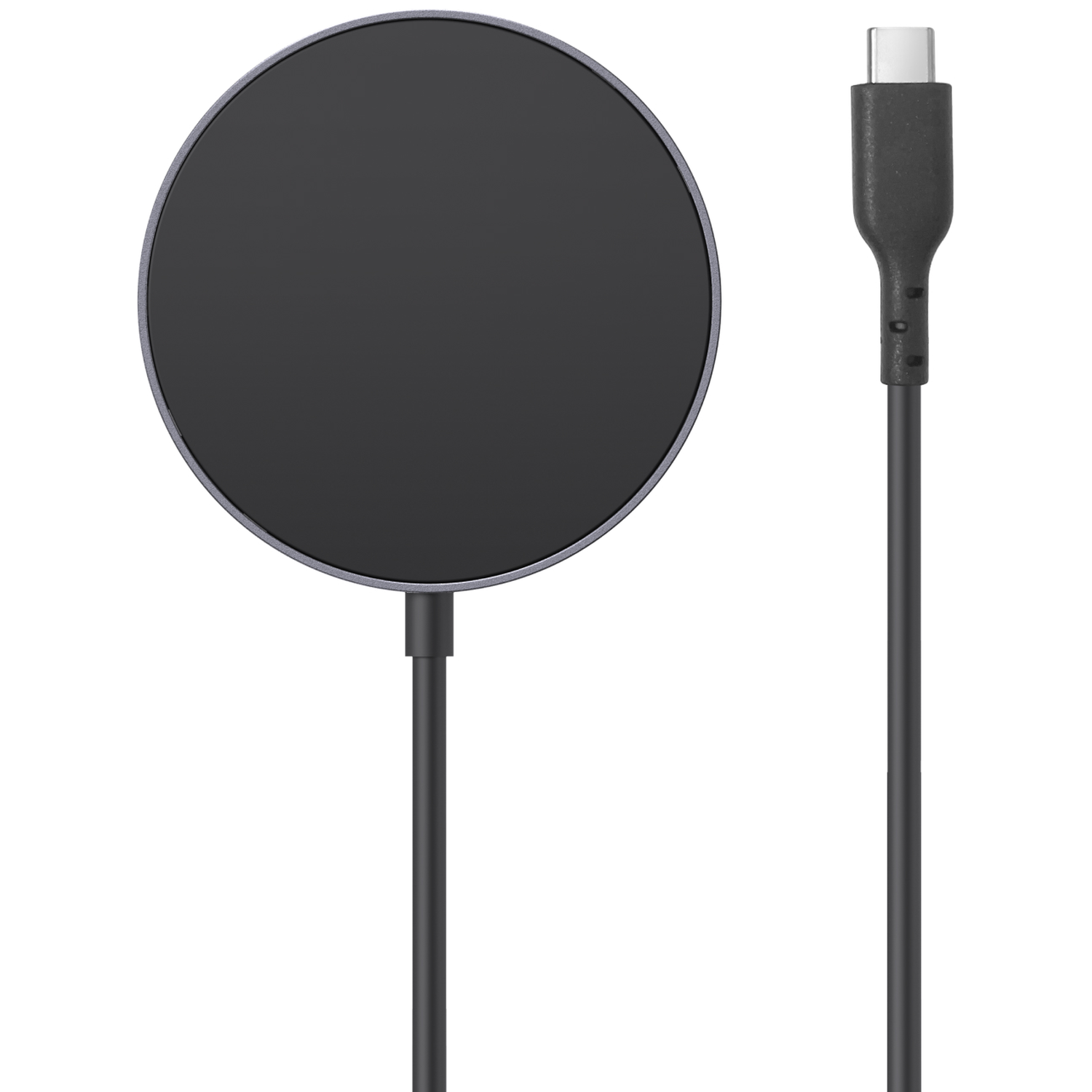 A black, round wireless charger with a USB-C cable on a white background.
