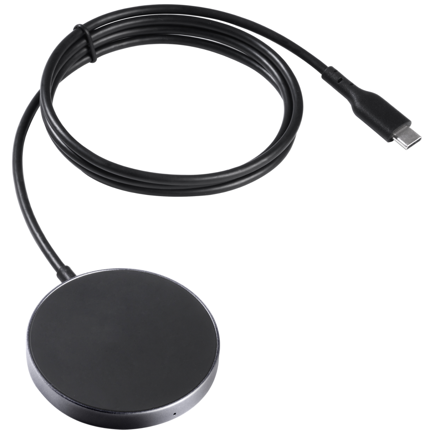 Black round wireless charger with USB-C cable on white background.