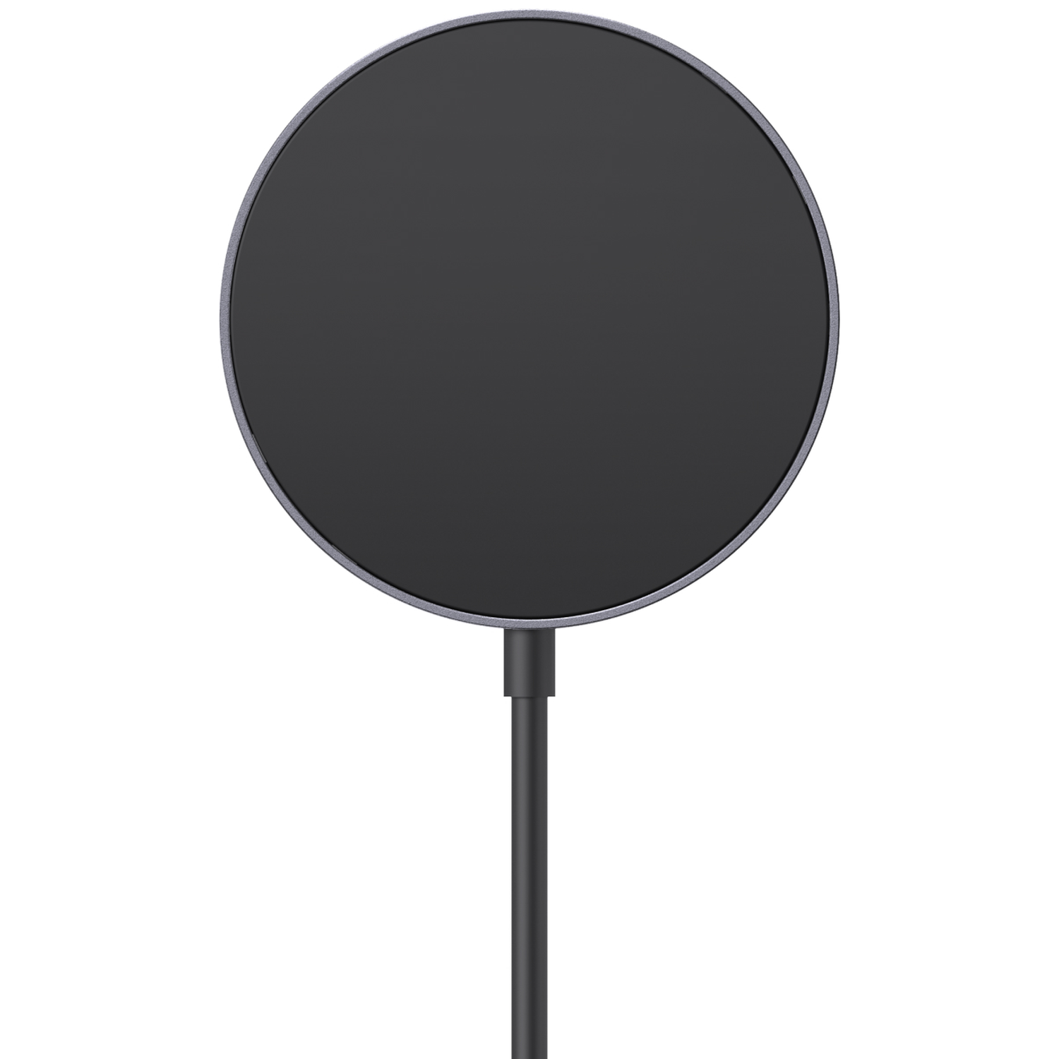 A black, round charging puck with a gray edge and a black cable.