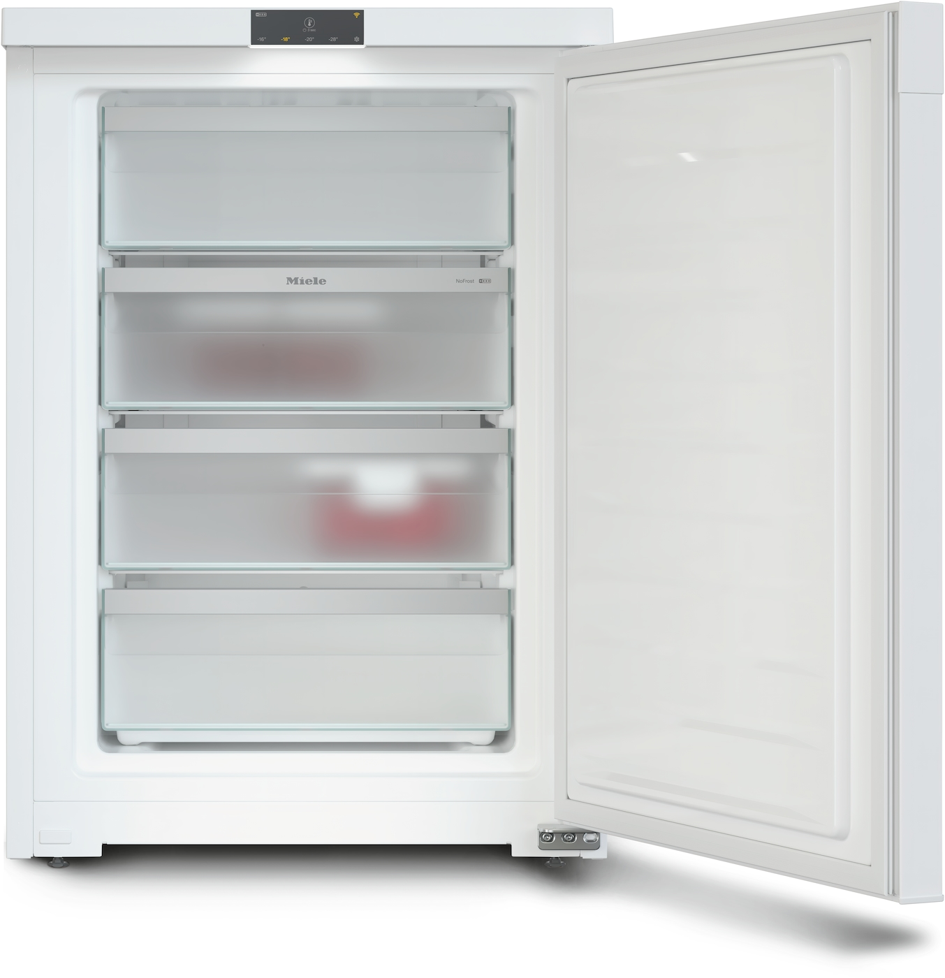 Ein weißer Kühlschrank mit offener Tür, vier Glasböden und zwei Schubladen.