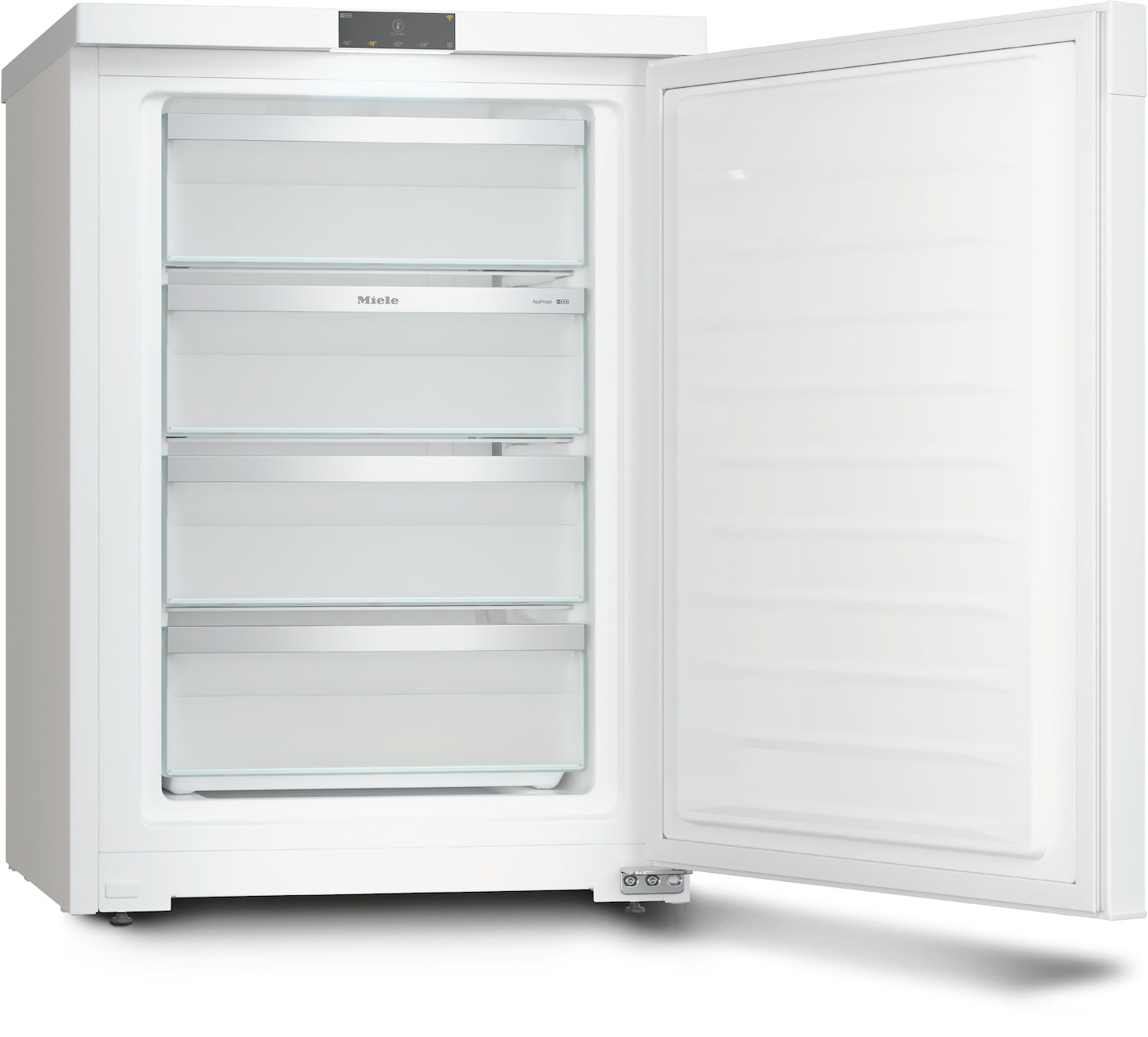 Ein weißer Gefrierschrank mit geöffneter Tür, vier Schubladen sichtbar.