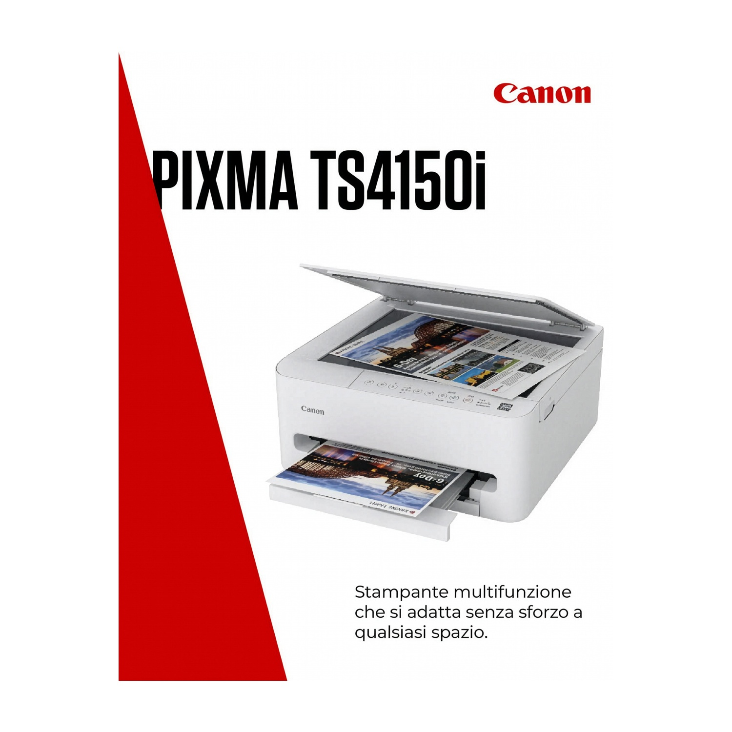 Una stampante Canon Pixma TS4150i bianca, coperchio aperto, stampa carta.