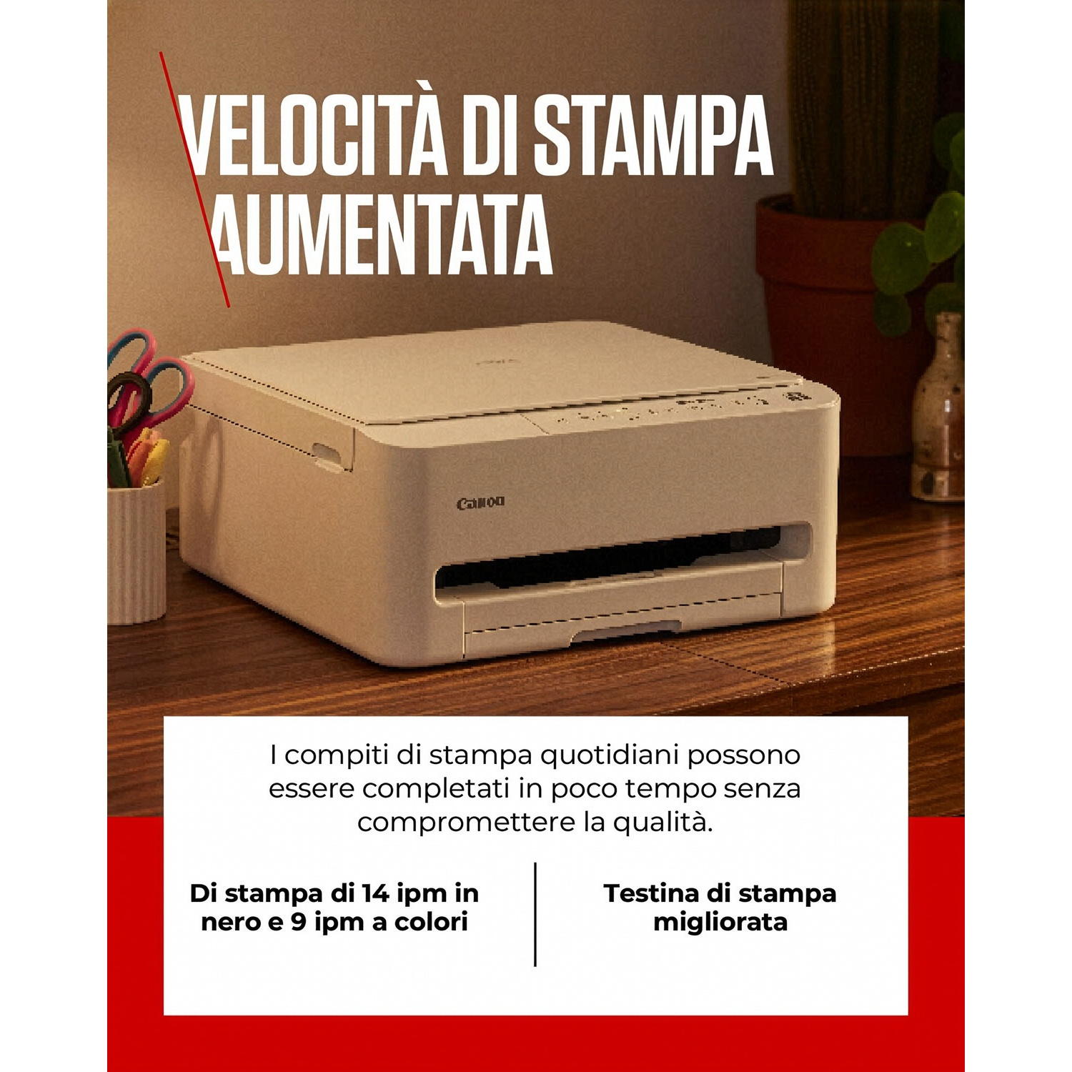 Una stampante Canon bianca su una scrivania di legno. Testo sulla velocità di stampa aumentata.