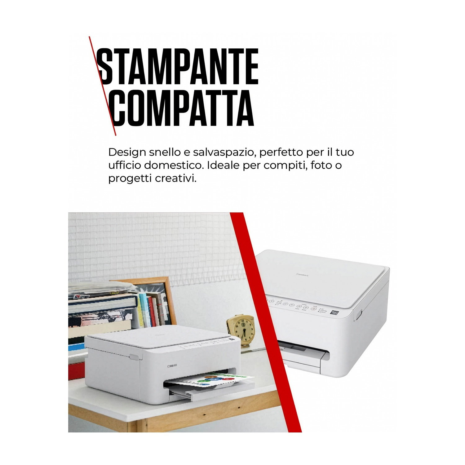 Una stampante bianca è su una scrivania con libri. Stampante compatta.