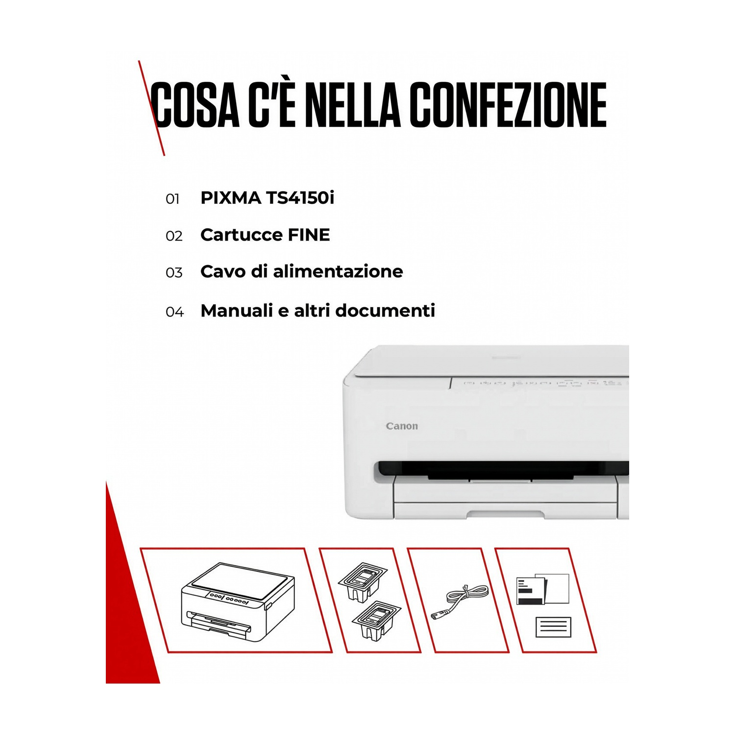 Stampante Canon Pixma TS4150i, cartucce FINE, cavo alimentazione, manuali.