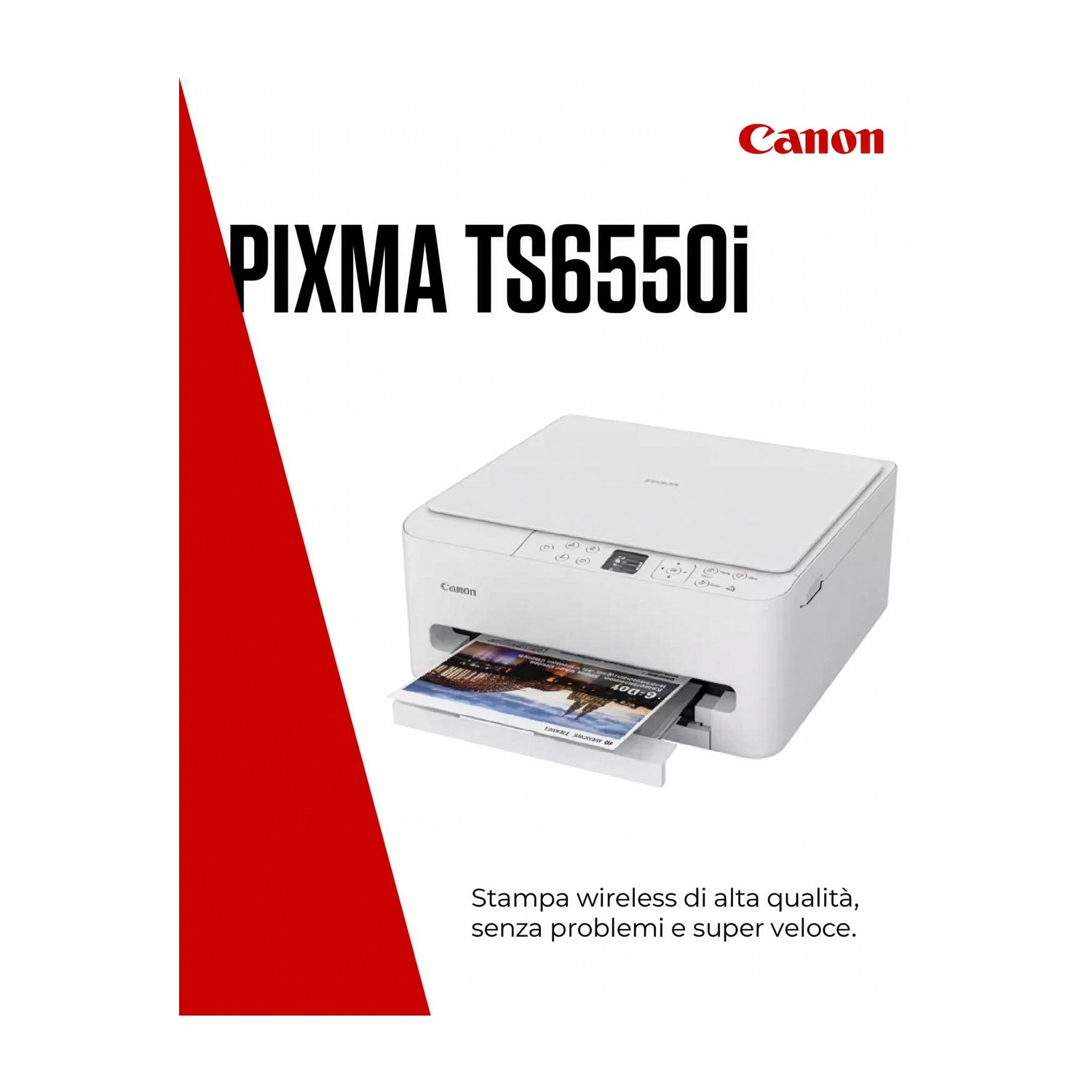 Una stampante Canon Pixma TS6550i bianca con un'immagine stampata in uscita.
