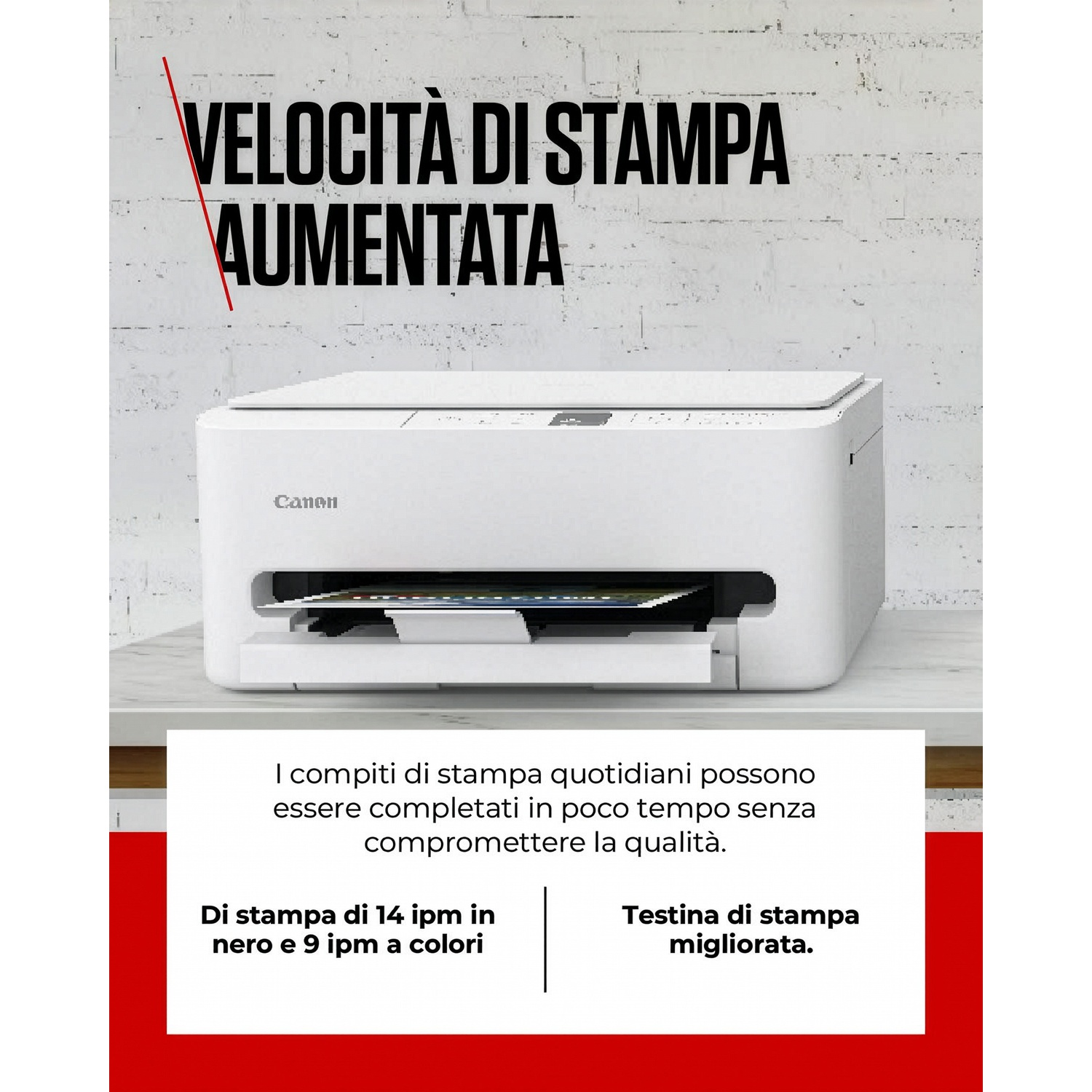 Una stampante Canon bianca con testo che promuove l'aumento della velocità di stampa.