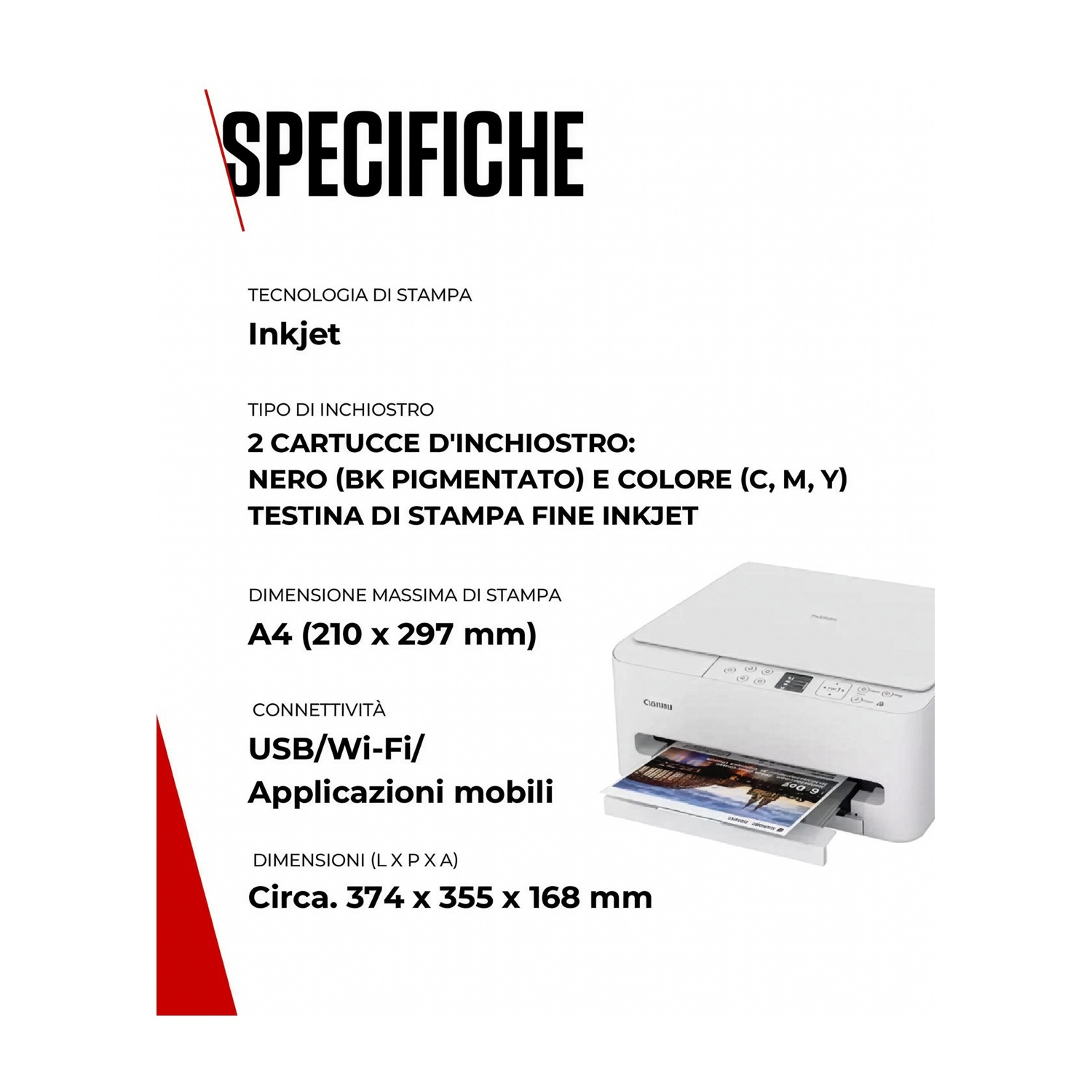 Stampante inkjet bianca con specifiche testuali e carta stampata.