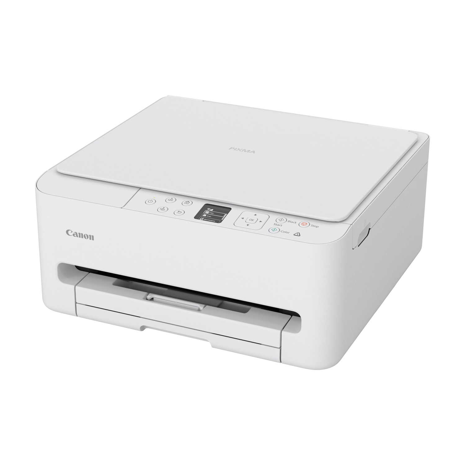 Una stampante Canon Pixma bianca su sfondo bianco.