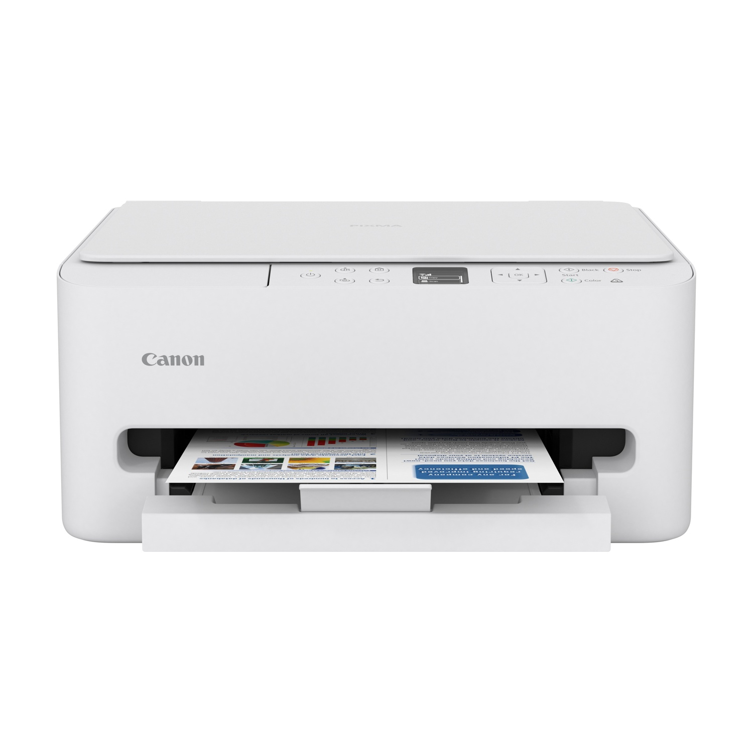 Una stampante Canon Pixma bianca con un documento parzialmente espulso.