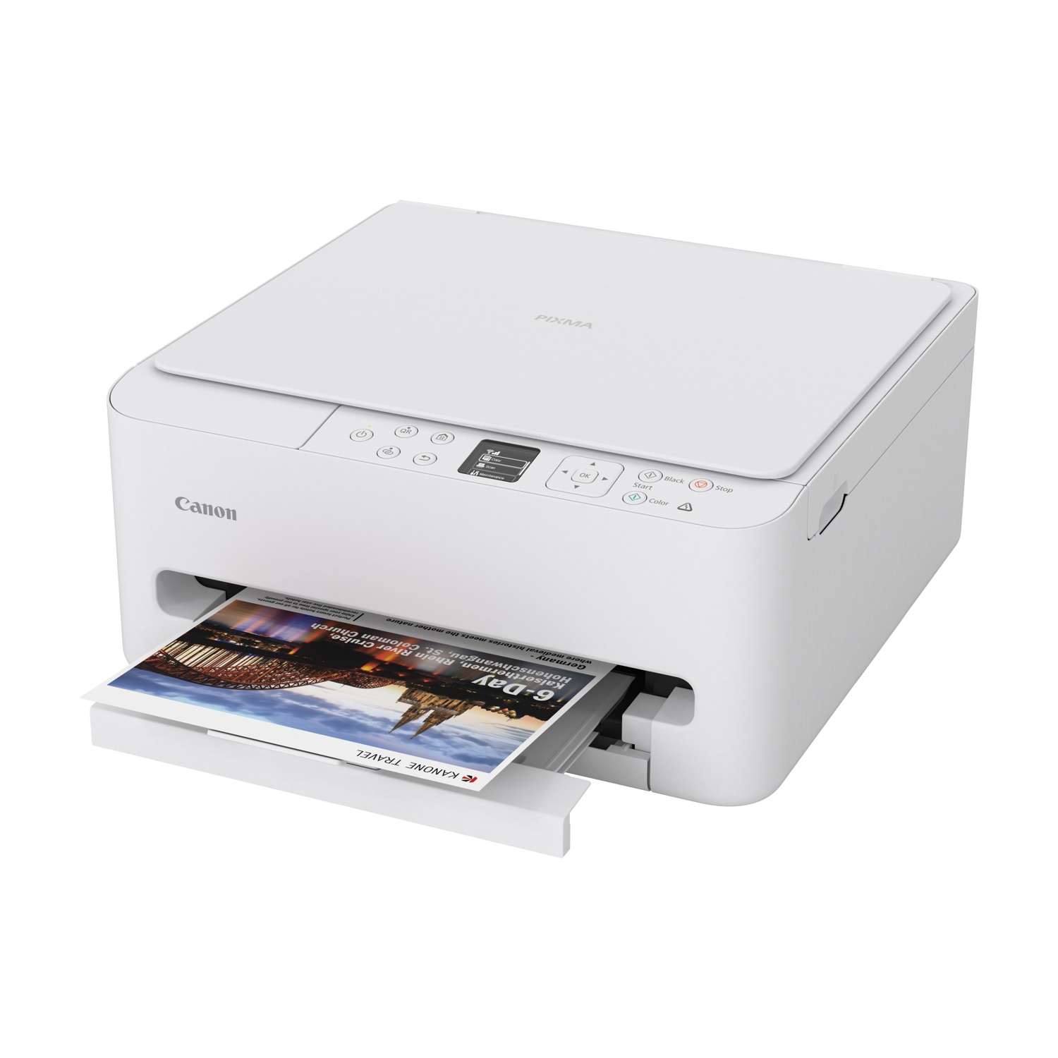 Una stampante Canon Pixma bianca espelle una brochure con un ponte e una chiesa.