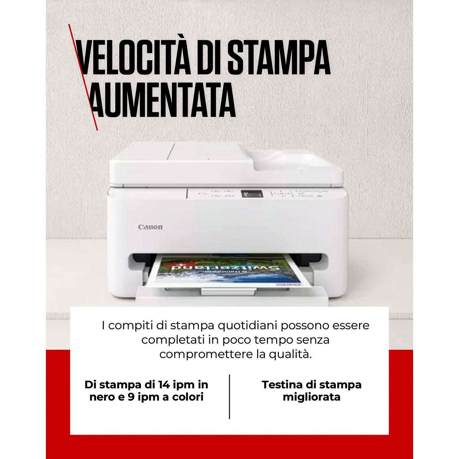 Una stampante Canon bianca stampa un'immagine della Svizzera.