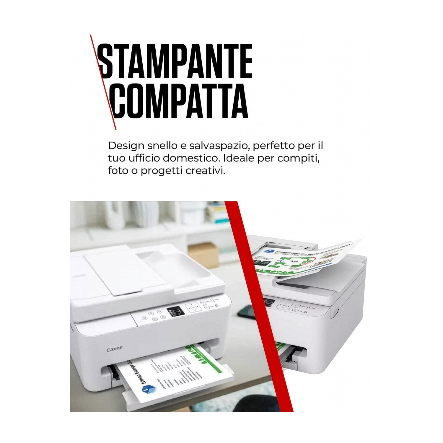 Due stampanti Canon bianche affiancate stampano documenti.