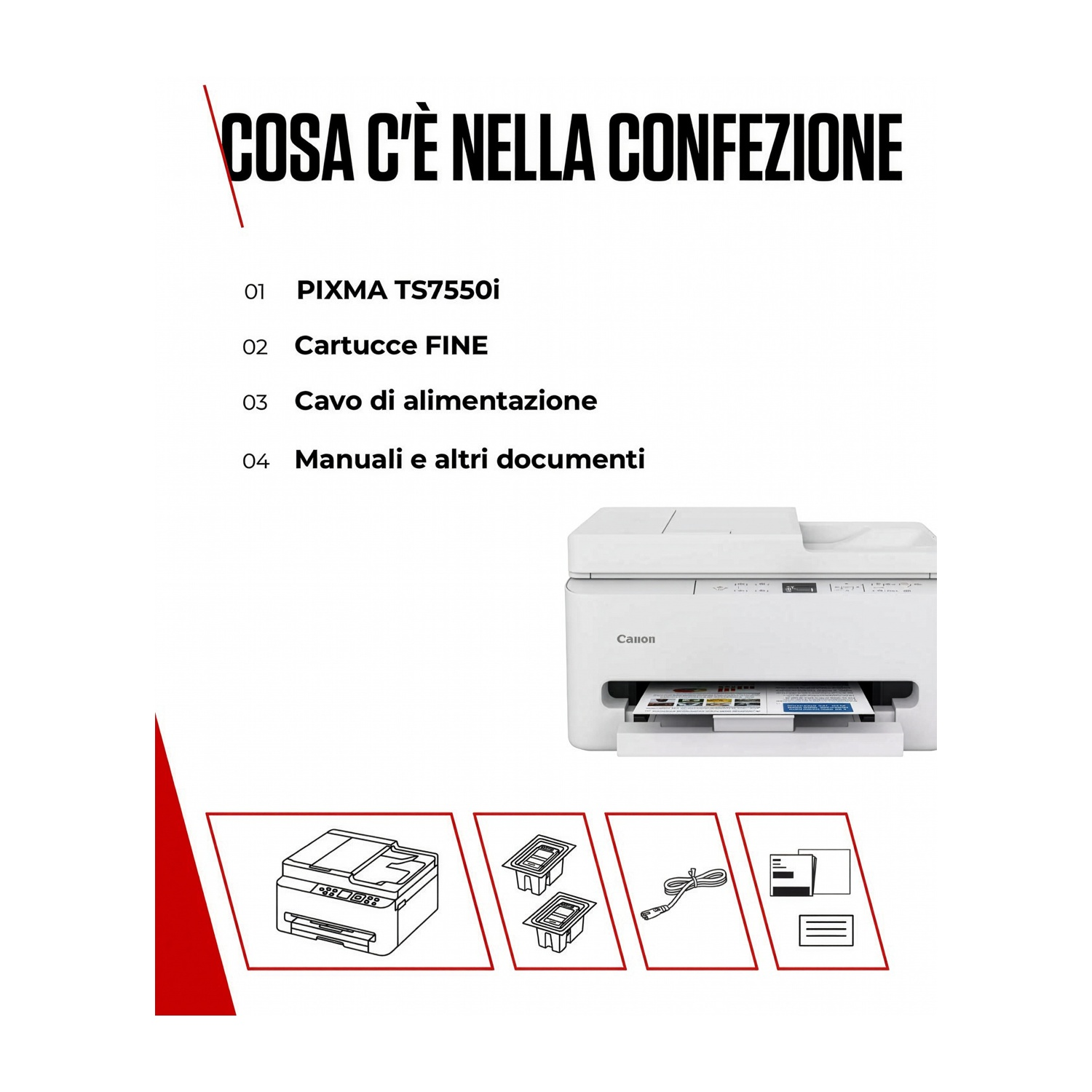 Stampante Canon Pixma TS7550i bianca con accessori: cartucce, cavo, manuali.