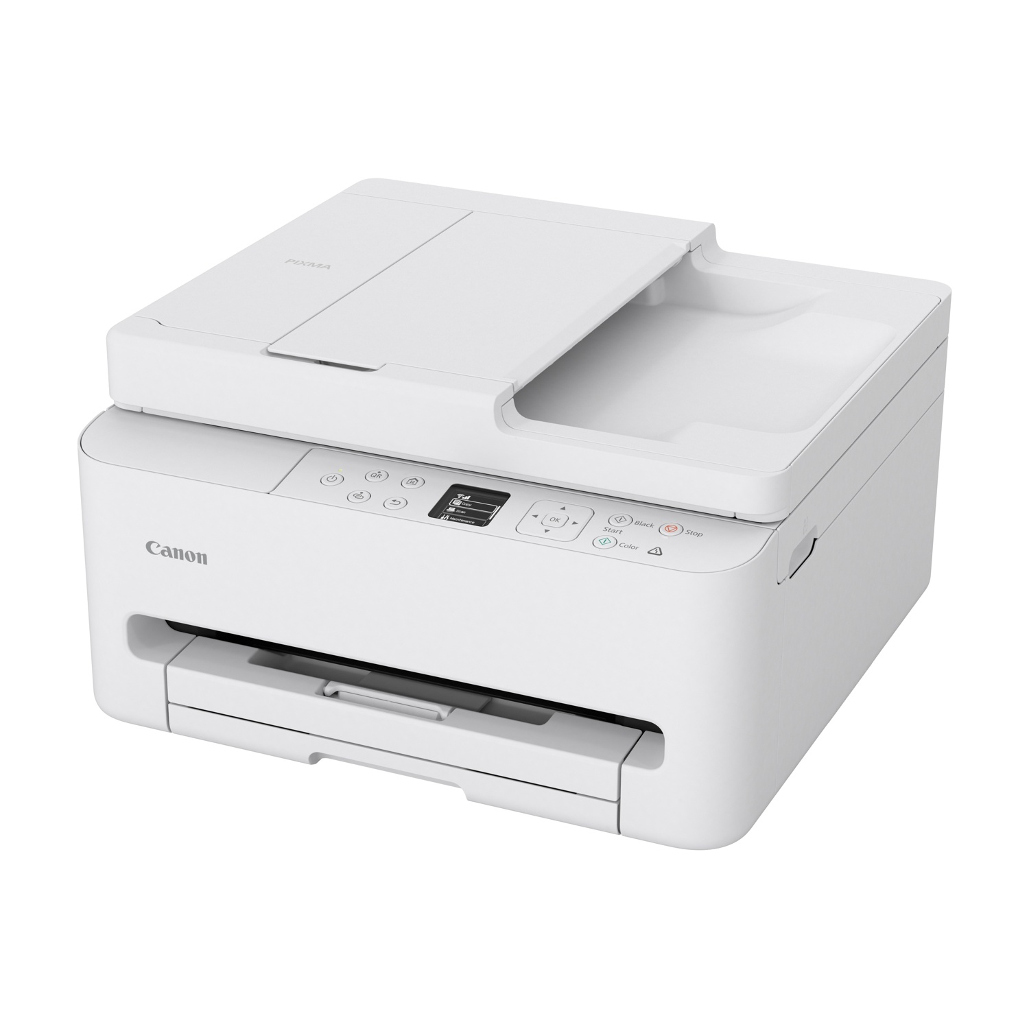 Una stampante Canon Pixma bianca con scanner e copiatrice è mostrata su sfondo bianco.