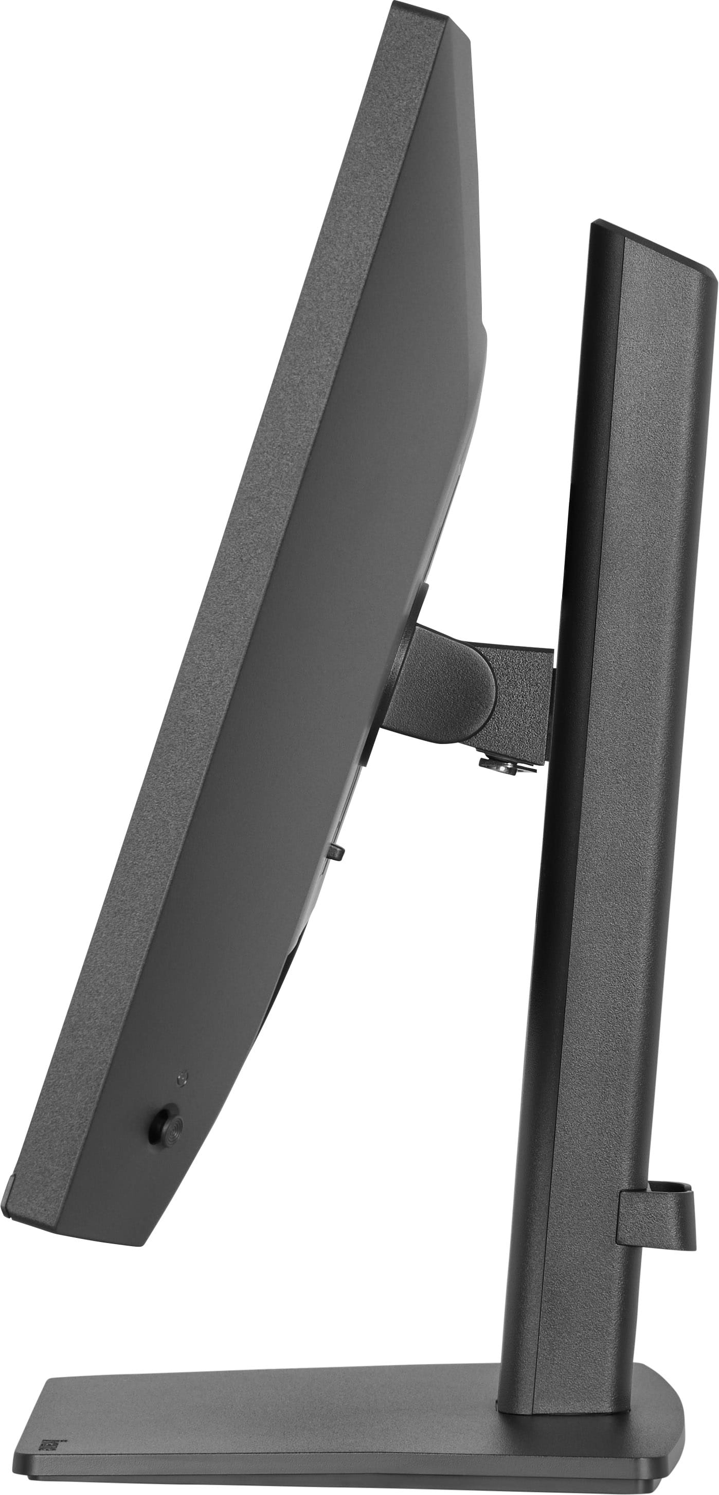 Ein schwarzer Computermonitor von der Seite, auf einem Ständer.