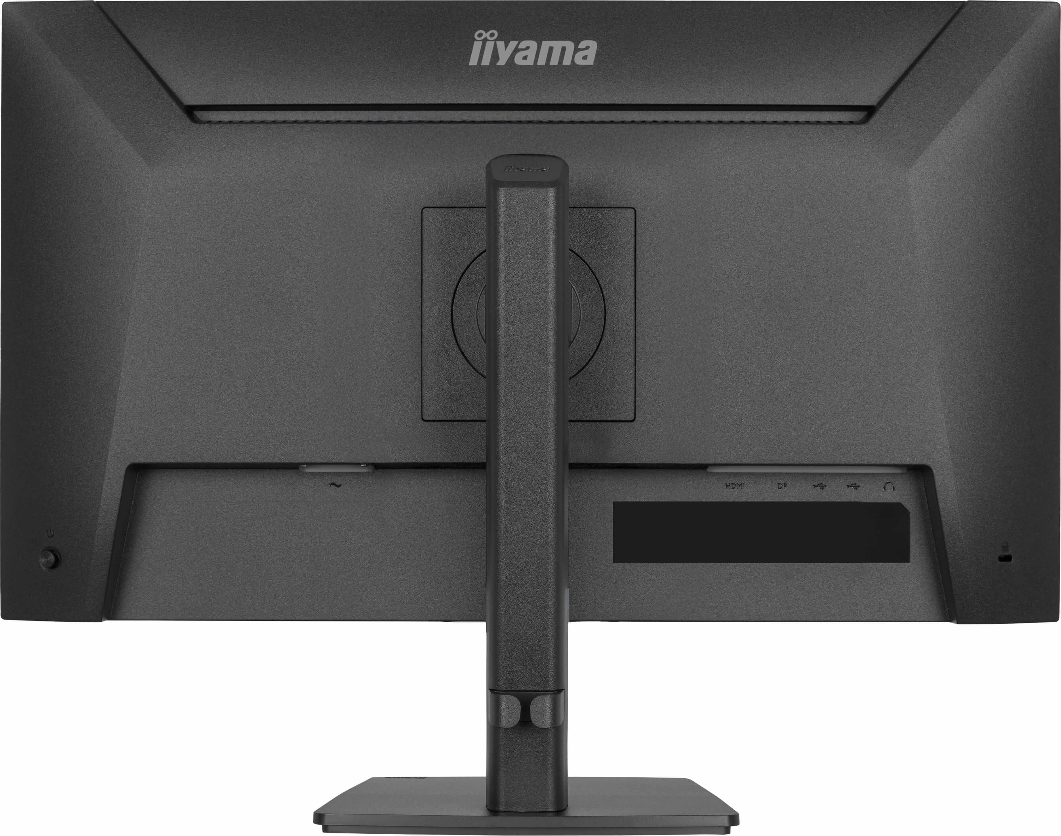 Rückseite eines schwarzen Monitors mit Iiyama-Logo und Anschlüssen.