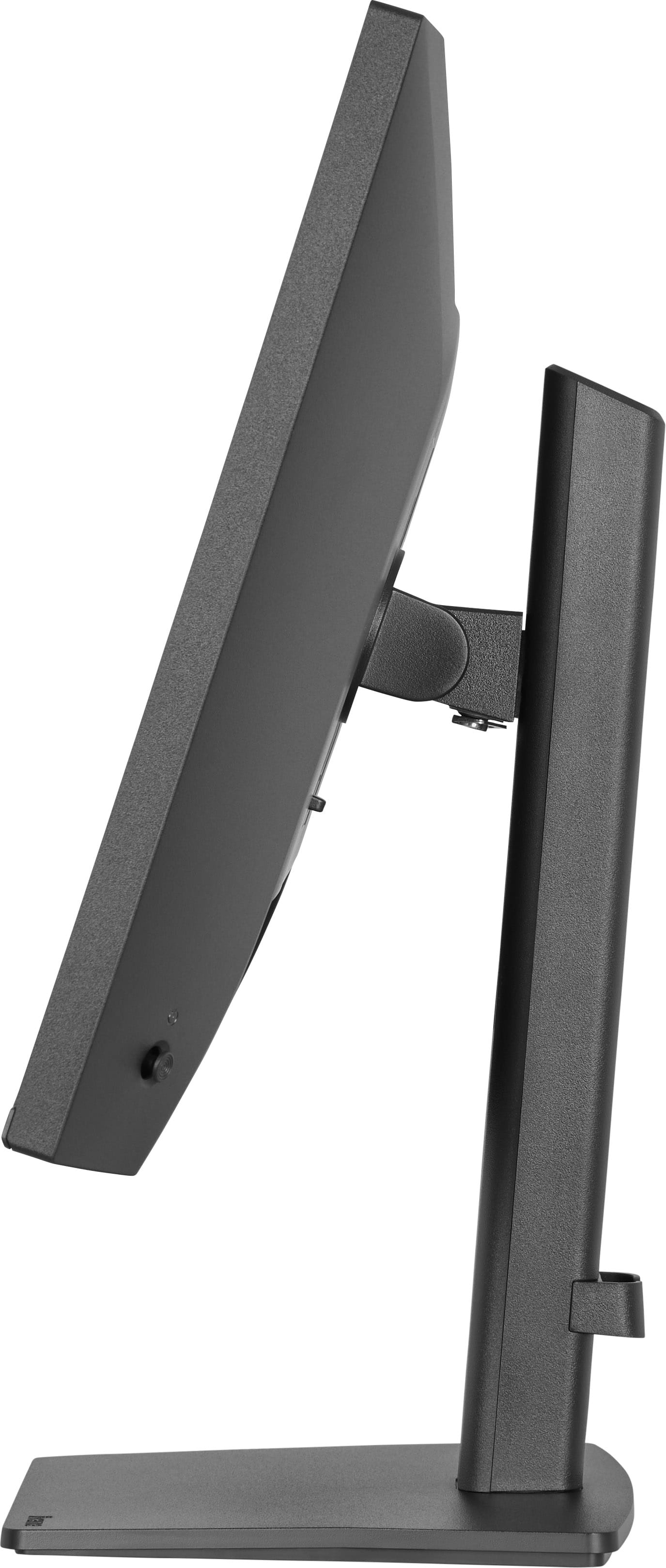 Ein grauer Computermonitor mit Standfuß, von der Seite gesehen.